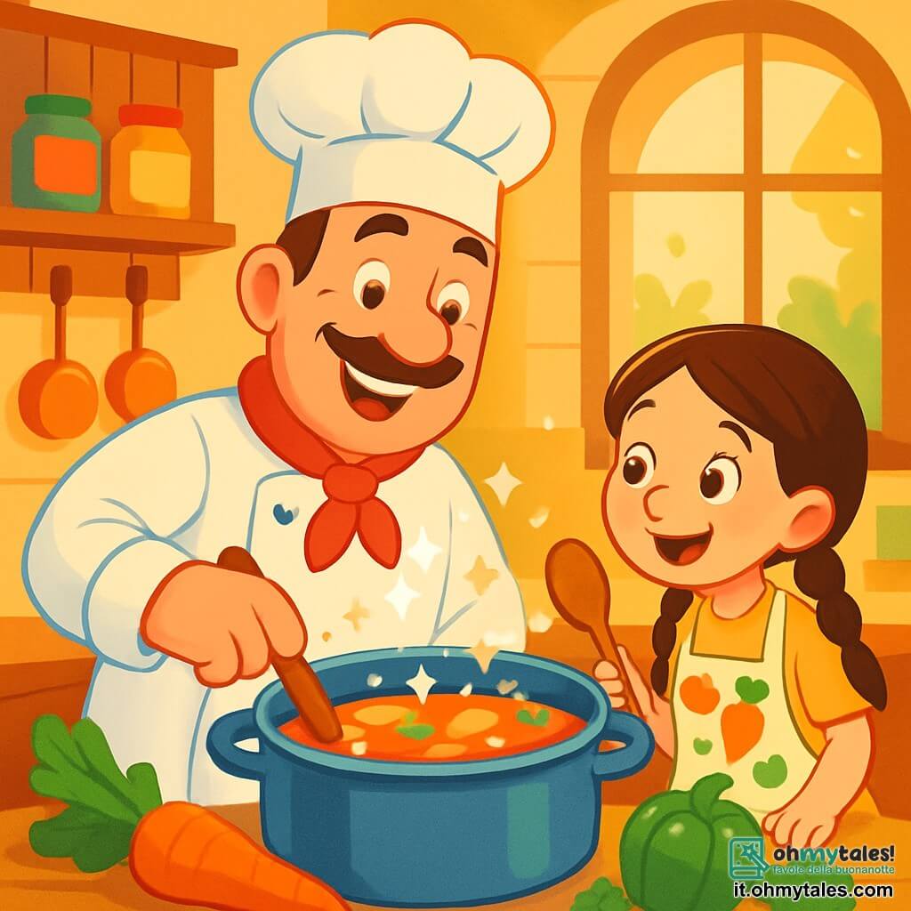 Un cuoco felice, Martino, un uomo di circa quarant'anni, indossa un grande cappello bianco e una giacca da chef brillante. Il suo viso è illuminato da un ampio sorriso e i suoi occhi brillano di gioia mentre mescola una grande pentola di zuppa colorata. Accanto a lui, Sofia, una bambina di 8 anni con lunghe trecce castane, osserva con meraviglia. Indossa un grembiule a fantasia di frutta e tiene un cucchiaio di legno, pronta ad aiutarlo. La scena si svolge in una cucina accogliente, piena di pentole colorate, verdure fresche sul piano di lavoro e luce dorata che filtra da una finestra. Martino e Sofia stanno preparando una zuppa magica, aggiungendo ingredienti colorati con entusiasmo, mentre risate risuonano nell'aria.