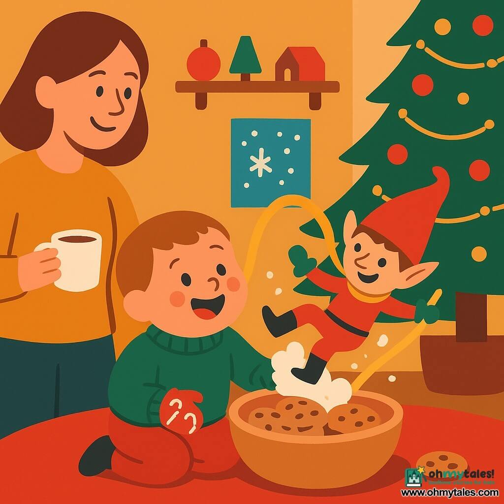 A 2-year-old boy with a round face, rosy cheeks and bright eyes laughs with a joyful, amazed expression as he leans toward a large cookie bowl on a low table; he wears a green knitted sweater, red pants and mittens with candy canes and sits on the rug in front of a Christmas tree. A slender, mischievous Christmas elf with a pointed red hat and flour on his nose slides down a gold ribbon and falls into the cookie bowl in a puff of flour. A mother in her 30s with chestnut hair and a warm smile stands left of the table holding a mug of hot chocolate and watches tenderly. Cozy living room with a large tree decorated with red baubles and lights, wooden shelves with decorations, warm lighting and windows with drawn snowflakes. A sweet, funny moment with clear composition, bright flat colors, simple shapes, soft contrasts and a warm, festive atmosphere.