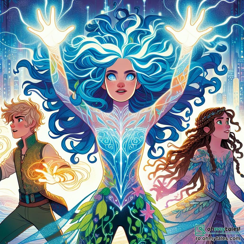 În centrul imaginii, Aurora, o tânără cu părul lung și ondulat de un albastru strălucitor, stă mândră, cu brațele ridicate spre cer, emanând o lumină strălucitoare din mâini. Fața ei exprimă o determinare intensă, cu ochi sclipitori ca stelele, purtând un costum colorat și futurist, împodobit cu motive luminoase. La dreapta ei, Zephyr, un băiat de aproximativ 12 ani, cu părul blond în dezordine, folosește puterile sale pentru a crea un puternic vârtej de vânt. Este îmbrăcat într-o ținută ușoară și are un zâmbet jucăuș pe față, arătându-și entuziasmul pentru aventură. La stânga, Terra, o fetiță de 11 ani cu părul brun împletit, face să apară liane din pământ, cu mâinile pe șolduri, având o expresie de încredere. Ea poartă o ținută inspirată din natură, cu motive de frunze și flori. În fundal, decorul este al unui oraș modern, Luminopolis, cu zgârie-nori strălucitori sub un cer furtunos, unde nori întunecați se adună, creând o atmosferă de tensiune. Situația principală arată cum Aurora și prietenii ei sunt uniți în fața lui Vortex, un adversar misterios, înconjurat de un vârtej de lumină și energie, pregătiți să-și apere orașul de furtuna amenințătoare care se apropie.