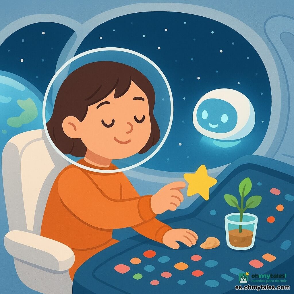 Luna, joven y serena, cabello castaño corto y casco transparente, sentada en un gran asiento blanco, pega una pequeña estrella adhesiva amarilla en el tablero; la nave Pipa, una lanzadera redonda blanca con luces azul pálido y un pequeño “rostro” luminoso que vibra junto al tablero, emite luces tranquilizadoras; una plantita en un vaso sobre la consola mira la ventana y recibe una miga; interior de un cockpit redondo y limpio con botones coloridos, grandes ventanas ovales muestran un brillante anillo de hielo blanco-azulado, estrellas y la Tierra en el horizonte; escena de viaje espacial calmado, atmósfera suave en colores pastel, estilo vectorial sencillo apto para niños pequeños.