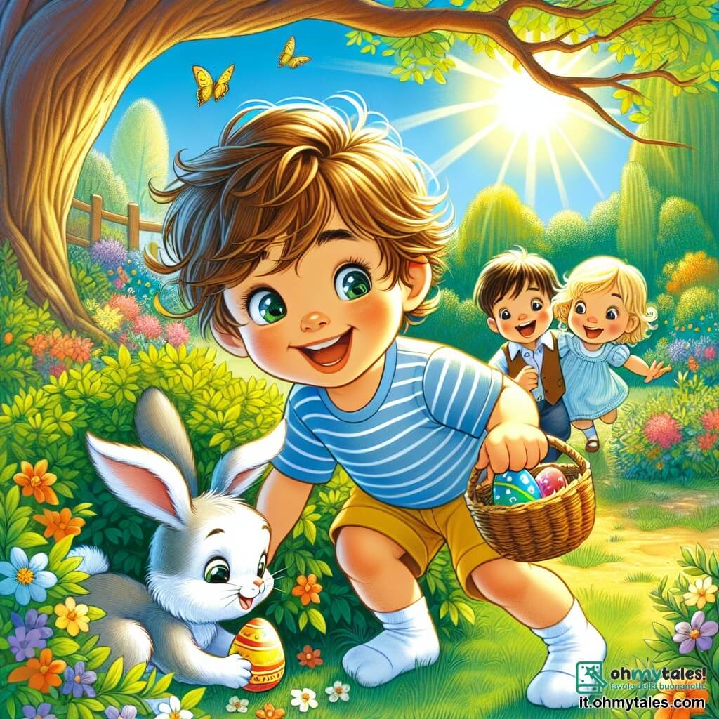 Un bambino di 2 anni di nome Leo, con capelli castani arruffati e occhi pieni di curiosità, è accucciato in un giardino soleggiato, alla ricerca di un uovo di Pasqua. Indossa una camicia a righe blu e un pantaloncino giallo, e il suo viso esprime grande gioia ed eccitazione. Accanto a lui, un adorabile coniglietto dalle grandi orecchie e dal pelo bianco e morbido osserva Leo con un’espressione amichevole, pronto ad aiutarlo nella sua ricerca. Più avanti, il suo amico Tommaso, un bambino di 3 anni con capelli biondi e occhiali tondi, sorride indicando un cespuglio, incoraggiando Leo a seguirlo. Il giardino è pieno di fiori colorati, farfalle svolazzanti e un grande albero maestoso le cui branche si estendono ampiamente, creando un'atmosfera magica e gioiosa. La scena principale mostra Leo, tutto eccitato, mentre fruga sotto un cespuglio, scoprendo un uovo di Pasqua brillante e colorato, mentre Tommaso e il coniglietto lo incoraggiano con entusiasmo.