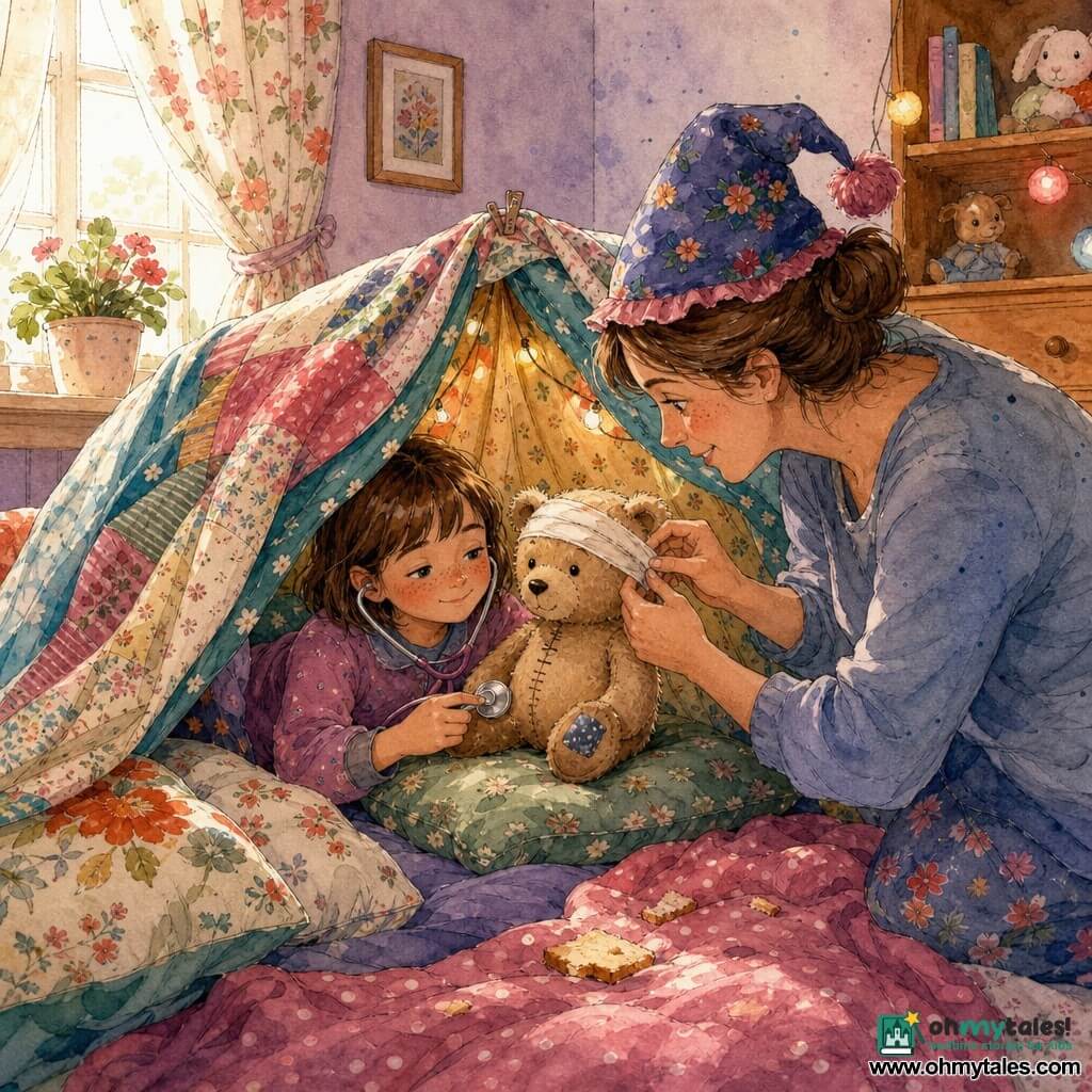 An 8-year-old girl with a round freckled face, short brown hair, tired sweet eyes and a shy smile is tucked under blankets playing doctor with a small plastic stethoscope. Her mother, about 35, brown hair in a bun, benevolent gaze and attentive posture wears a funny hat and adjusts a fabric bandage on a teddy bear beside the bed, standing by the blanket-fort. Mr. Buttons, a beige teddy with a visible seam and improvised cloth bandage, sits on a cushion in the center of the fort. The small, bright room has pastel walls, floral curtains, a blanket-and-cushion fort like a little tent, a window with soft sunlight and a potted plant on the sill. The scene is warm and comforting as the girl gently cares for her toys, with visible fabric textures, a few crumbs on the blanket, and soft light filtering through the window.