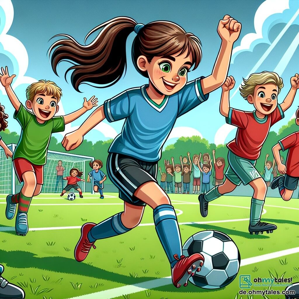 Im Zentrum des Bildes dribbelt Mia, ein 14-jähriges Mädchen, einen Fußball auf einem grünen Spielfeld. Sie hat lange braune Haare zu einem Pferdeschwanz gebunden, trägt ein blaues Trikot und schwarze Shorts und zeigt mit einem großen Lächeln ihre Leidenschaft und Entschlossenheit. Rechts von ihr steht Tom, ihr bester Freund, ebenfalls 14 Jahre alt, mit blonden Haaren und einem roten Trikot. Er feuert sie enthusiastisch an und hebt die Arme in die Luft, bereit, ein Tor zu feiern. Links bereitet sich Lisa, eine 13-jährige Freundin mit lockigen Haaren und einem grünen Trikot, darauf vor, den Ball zu empfangen, ihre Augen glänzen vor Aufregung. Das Spielfeld ist von Zuschauern umgeben, darunter Kinder und Eltern, die applaudieren und die jungen Spieler anfeuern. Im Hintergrund sind grüne Bäume und ein blauer Himmel mit einigen weißen Wolken zu sehen. Die Szene strahlt eine fröhliche und dynamische Atmosphäre aus, die den Geist des Spiels und der Freundschaft einfängt. Mia ist dabei, den Ball an Lisa zu passen, was den entscheidenden Moment der Zusammenarbeit und Teamarbeit im Fußball zeigt.