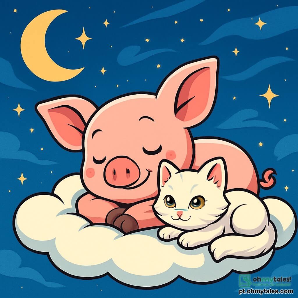 Um pequeno porquinho rosa com grandes orelhas, chamado Anil, está deitado em uma suave nuvem branca, com um sorriso sereno no rosto. Seus olhos brilham de curiosidade e tranquilidade, enquanto ele fecha suavemente as pálpebras, pronto para mergulhar em um sonho. Ao seu lado, um gatinho branco com olhos dourados, com um pelo sedoso, ronrona suavemente, aconchegando-se contra Anil, emitindo um calor reconfortante. O céu é de um azul profundo salpicado de estrelas cintilantes, e uma brisa suave faz os nuvens dançarem ao seu redor. A cena é envolta em um leve véu de luz dourada, criando uma atmosfera mágica e relaxante. Anil e o gatinho se preparam para dormir juntos, embalados pelo suave sussurro do vento e a promessa de sonhos encantadores.