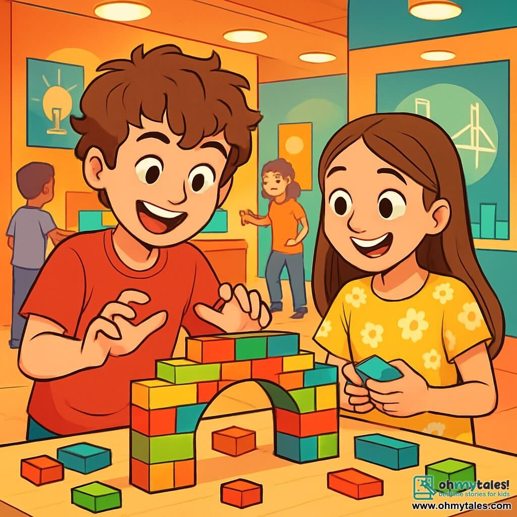 A 12-year-old boy named Oliver, with curly, messy hair, sparkling curious eyes, and a wide smile, is building a colorful block bridge on a table. He shows a joyful concentration, his hands animated with enthusiasm. Next to him, an 11-year-old girl named Lily, with long, smooth hair and wearing a floral-patterned t-shirt, is attentively observing the bridge they are constructing. She smiles, her eyes shining with excitement, while holding a block in her hands. The setting is an interactive museum room filled with brightly colored walls, exhibition panels, and other children playing nearby. Soft lights illuminate the various creative stations, and inspiring posters decorate the walls. The main scene shows Oliver and Lily working together, laughing, and sharing ideas as they attempt to build a sturdy bridge, symbolizing their friendship and creativity.