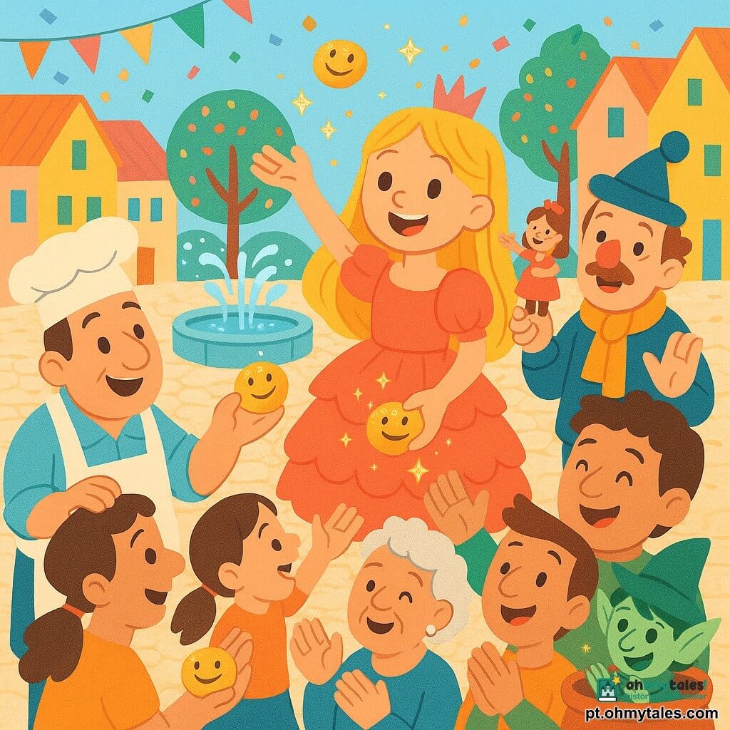 Princesa Amora, menina de rosto radiante e sorriso largo, cabelos amarelos, pequena coroa rosa, vestida com vestido coral de folhos, ergue a mão e distribui pãezinhos sorridentes dourados que brilham; Mordiscão, pequeno duende de orelhas em folha e pele verde-clara, olhos maliciosos, escondido num grande vaso perto do palco, aplaude com migalhas no canto da boca; Señor Pompom, adulto e mestre de marionetes, nariz redondo e vermelho, chapéu móvel, na multidão segurando uma marionete de Amora que acena; um padeiro de cerca de 40 anos, com grande avental enfarinhado, oferece um pão a uma menina; praça central de Risolândia com paralelepípedos brilhantes, bandeirinhas coloridas, fonte redonda, árvores com folhas como confetes e casas de telhados cor de marmelada; cena: saudação matinal da princesa enquanto pãezinhos luminosos caem nas mãos dos aldeões, ambiente alegre e animado, cores vivas e composição centrada em Amora e na multidão sorridente.