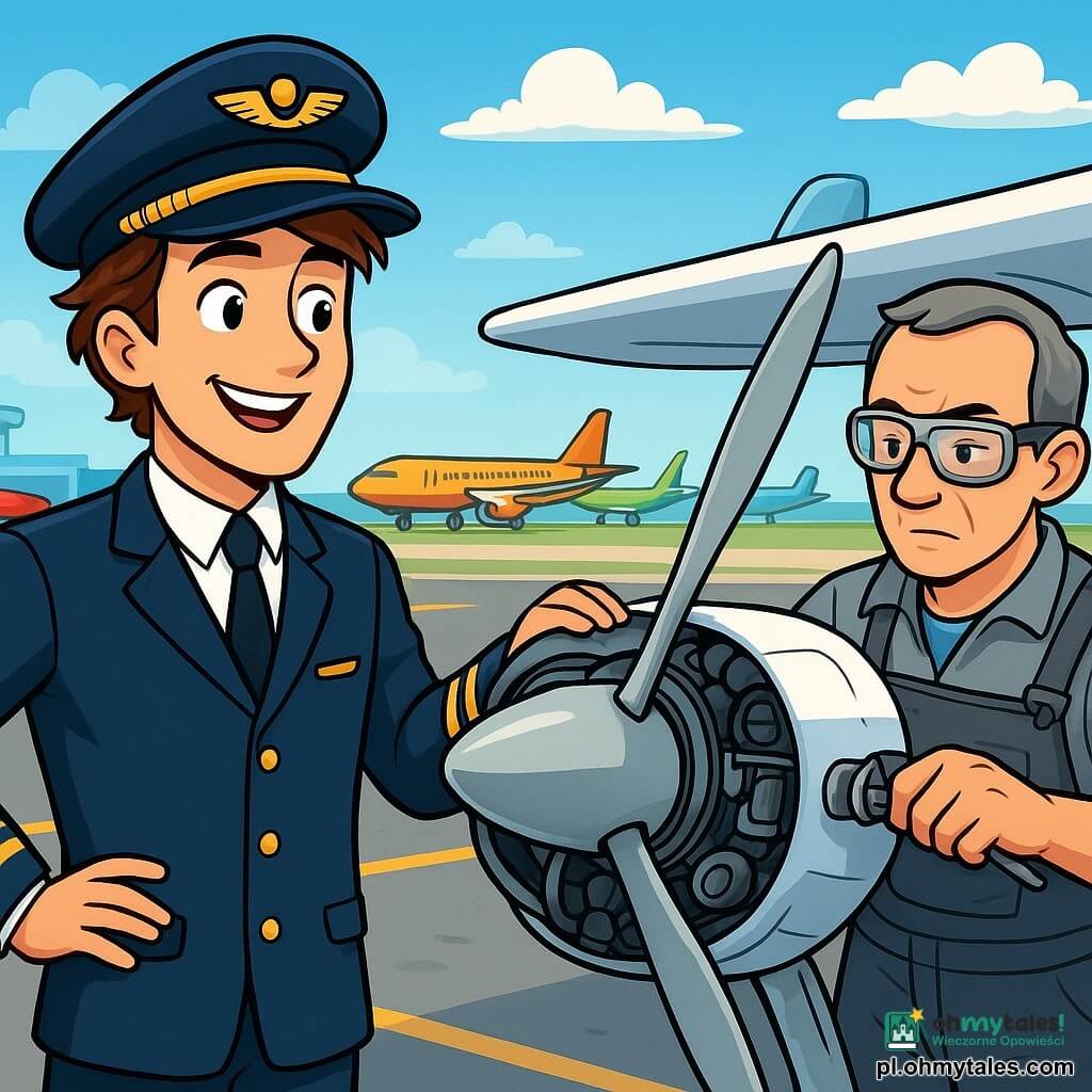 Mężczyzna-pilot w wieku około trzydziestu lat, w nienagannym granatowym mundurze i czapce ozdobionej złotymi elementami, uśmiecha się pewnie i entuzjastycznie. Jego brązowe włosy są lekko rozczochrane przez wiatr, a oczy błyszczą ekscytacją, gdy sprawdza swój samolot. Obok niego stoi mechanik w wieku około 50 lat, w szarej kombinezonie i okularach ochronnych, uważnie badający silnik, skoncentrowany i poważny. W tle rozciąga się pas startowy pod jasnoniebieskim niebem z kilkoma białymi, puchatymi chmurami, podczas gdy błyszczące, kolorowe samoloty są zaparkowane na ruchliwym lotnisku. Główna sytuacja pokazuje pilota i mechanika wykonujących ostatnie kontrole przed startem, tworząc atmosferę przygotowania i radosnej anticipacji.