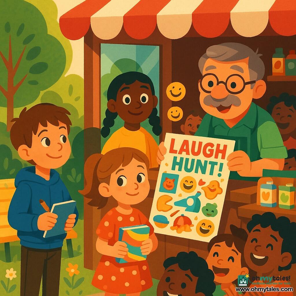 Four characters: Milo, an 8-year-old boy with short messy brown hair wearing a blue hooded jacket holding a notebook and pencil, standing left in front of the kiosk smiling curiously at the poster; Sana, an 8-year-old girl with black hair in two braids wearing a bright yellow sweater with hands on hips, standing beside Milo with a kind, sparkling look; Lina, an 8-year-old girl with light chestnut hair in a ponytail wearing a red polka-dot dress holding a colorful joke booklet, standing center near the kiosk, shy but proud; and Mr. Patch, about 50, with a gray brush mustache, round glasses and a green striped apron behind the kiosk counter on the right, handing out a jokes poster and smiling warmly. Setting: a small neighborhood kiosk under a red-and-white striped awning with a glass display of juice boxes and a colorful poster on the pane, a yellow bench nearby, round-leaf trees and wildflowers, clean paved ground. Main scene: a joyful poster reveal—children hold a large "LAUGH HUNT!" poster full of drawings and jokes with round laughing-face stickers around it while other kids laugh in the background, soft afternoon light, saturated colors, crisp outlines, composition centered on the kiosk and expressive faces.