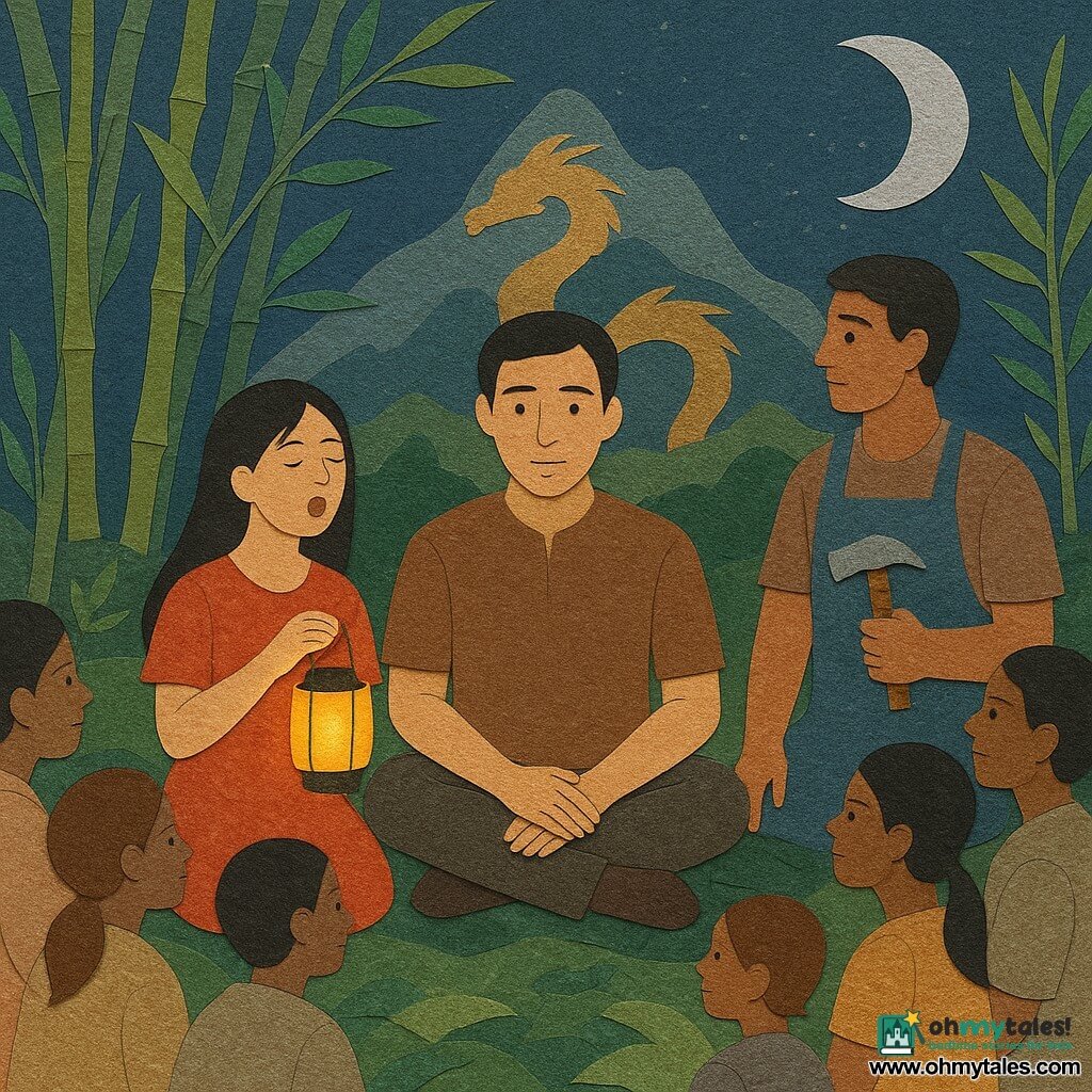 A man named Minh with a gentle face and attentive eyes sits at the center of a circle, serene and determined, hands on his knees; to his left a 16-year-old girl named Lan with long black hair and a simple colored dress softly sings while holding a small lantern; to his right an 18-year-old boy named Tien, broad-shouldered with a folded blacksmith's apron, watches the forest edge holding a small shiny hammer; villagers sit around them on cut bamboo leaf mats, curious and attentive; the setting is a bamboo grove under a silver crescent moon with textured paper-like green stalks and rustling leaves, mossed ground and silvered shadows, and a layered paper mountain in the background suggesting a dragon in gold and blue—a magical nighttime gathering of warm lantern light, green-and-silver contrasts, and a reassuring sense of attentive mystery.