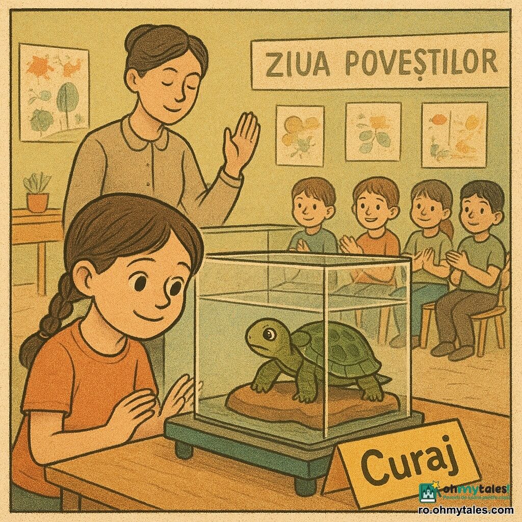 Tibi, o mică broască țestoasă de acvariu cu carapacea verde pătată și ochii mari, apare timida dar curioasă, sprijinită pe o piatră încălzită, făcând trei atingări cu ghearele; Mara, fetiță de 8 ani cu două codițe și zâmbet blând, este în genunchi lângă acvariu cu mâinile pe sticlă și o pancartă galbenă „Curaj” lângă ea; în spate, învățătoarea cu părul strâns în coc stă aplecată, cu voce calmă și o mână ridicată pentru a liniști clasa; copiii stau în semicerc pe scaune joase, atenți și calzi, unii aplaudând ușor; scena se petrece într-o sală de clasă însorită, decorată cu desene și postere, inclusiv un mare poster „Ziua Poveștilor”, atmosfera fiind liniștitoare, solidară și plină de o mică victorie intimă.