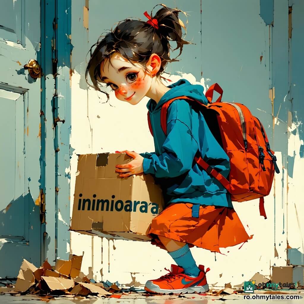 O fată de 12 ani, față rotundă cu pistrui, păr castaniu prins în coadă săltăreață, purtând un hanorac albastru și rucsac roșu, se îngenunchează pentru a-i oferi calm și generos un carton reparat cu o inimioară șifonată lui Vlad, un băiat timorat de 11 ani cu păr negru zburlit, care îl ține la piept și zâmbește stângaci; lângă ei, prietena Daria, 12 ani, cu păr blond în coc și ochi ștrengari, ține o mică carte în formă de inimă și râde ușor, iar în fundal Ștefan, 13 ani, înalt cu păr șaten, face o grimă amuzantă ținând o farfurie cu clătită lângă tejgheaua cantinei; holul școlii este luminos, pereți crem cu postere de inimi roșii și roz, dulapuri verzi, pardoseală lucioasă și o masă mare de cantină cu o cutie poștală "Cabina de Valentine" acoperită cu abțibilduri, pe podea sunt presărate inimioare de hârtie și atmosfera e caldă, în tonuri roșu, roz și auriu, cu linii geometrice art deco.