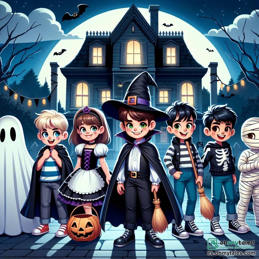 En una noche de Halloween, cinco niños están frente a una vieja casa misteriosa. Lucas, un niño de nueve años disfrazado de vampiro, está en el centro con una sonrisa valiente. A su izquierda, Sofía, disfrazada de bruja, lleva un gran sombrero negro y sostiene un pequeño escobón. A su derecha, Tomás, disfrazado de momia, mira la casa con curiosidad. Clara, vestida de fantasma con una gran sábana blanca, flota ligeramente detrás de ellos, sus ojos brillando de emoción. Finalmente, Casper, un pequeño fantasma amistoso, está al frente, sonriendo y flotando un poco sobre el suelo. La casa oscura y antigua está rodeada de grandes árboles con ramas torcidas y telarañas en las ventanas rotas. La luna llena ilumina la escena, proyectando sombras misteriosas en el suelo. Calabazas esculpidas con caras sonrientes y aterradoras están dispersas alrededor de la entrada. Los niños, algo nerviosos pero entusiasmados, se preparan para tocar la puerta de la casa de la misteriosa Madame Morte, esperando recibir dulces mientras escuchan las historias de Halloween que les cuenta Casper.