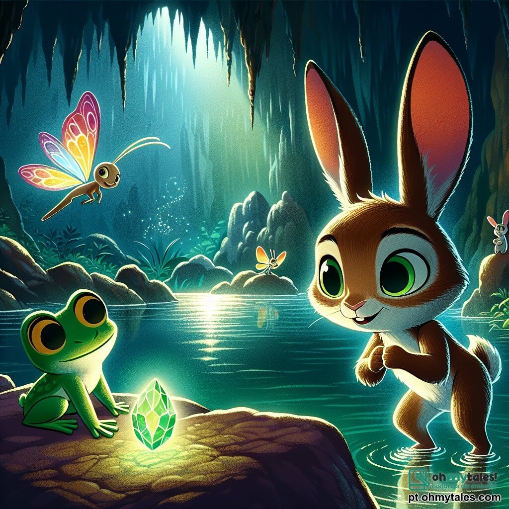 Em uma caverna misteriosa, um coelho chamado Oliver, com pelagem macia e marrom e grandes orelhas em pé, expressa determinação e admiração. Ele está à beira de um lago cristalino, segurando em suas patas o Coração da Floresta, uma pedra preciosa que brilha com uma luz verde intensa. Ao seu lado, um sapo chamado Tito, com pele verde e olhos redondos e curiosos, demonstra orgulho e excitação, enquanto se posiciona sobre uma pedra, pronto para ajudar. Perto deles, uma borboleta chamada Lúcia, com asas translúcidas de cores vivas, voa alegremente ao redor de Oliver, exibindo um sorriso radiante. A caverna é adornada com estalactites cintilantes e paredes cobertas de padrões antigos, enquanto um suave reflexo de luz dança na superfície do lago, criando uma atmosfera mágica e encantadora. A cena principal mostra Oliver, Tito e Lúcia, reunidos em um momento de triunfo ao descobrir o Coração da Floresta, símbolo de sua amizade e coragem, nesse lugar cheio de mistérios e magia.