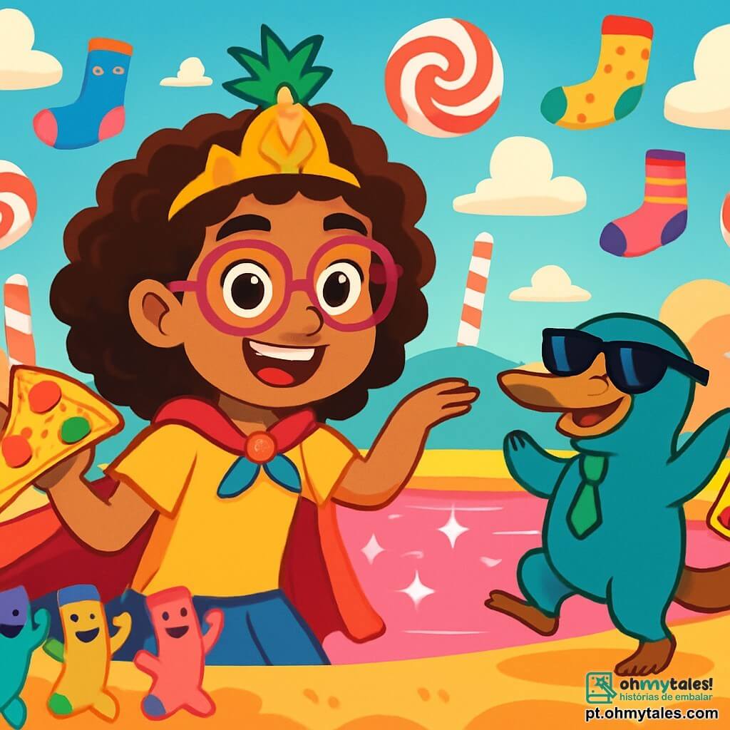Uma menina de 12 anos, Joana, com cabelos cacheados e óculos rosas, sorri com olhos brilhantes de excitação. Ela usa uma capa colorida e uma tiara em forma de abacaxi, segurando uma fatia de pizza colorida na mão. Ao seu lado, um ornitorrinco chamado Sir Picles, com óculos de sol e uma gravata verde, dança alegremente sobre suas patas traseiras, segurando um trombone. O cenário é um reino fantástico cheio de meias flutuantes de todas as cores, com céus de algodão doce e nuvens de marshmallow. No centro, um grande lago de gelatina cintilante reflete as luzes vibrantes das meias dançantes. A cena principal mostra Joana e Sir Picles dançando a Macarena à beira do lago de gelatina, cercados por meias alegres que aplaudem e riem, criando uma atmosfera festiva e divertida.
