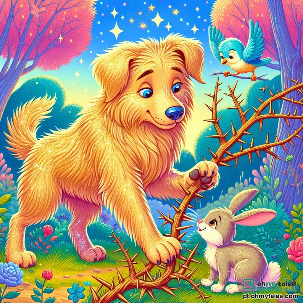 Um cachorro chamado Biscoito, com pelos dourados brilhantes e olhos azuis cintilantes, se posiciona corajosamente diante de um arbusto espinhoso, pronto para ajudar uma coelhinha. Ele tem uma expressão determinada no rosto, mostrando sua vontade de ser um herói. Ao lado dele, uma coelhinha chamada Lili, com orelhas longas e macias, olha para Biscoito com gratidão, seus olhos brilhando de esperança. Um pequeno pássaro azul, Azulito, voa acima deles, cantando alegremente para encorajar seus amigos. A cena se passa em uma floresta encantada, onde as árvores são altas e coloridas, com flores dançando ao vento e uma luz suave filtrando através das folhas. Biscoito, com coragem, empurra suavemente os espinhos para libertar Lili, ilustrando a amizade e a bravura em um momento mágico.