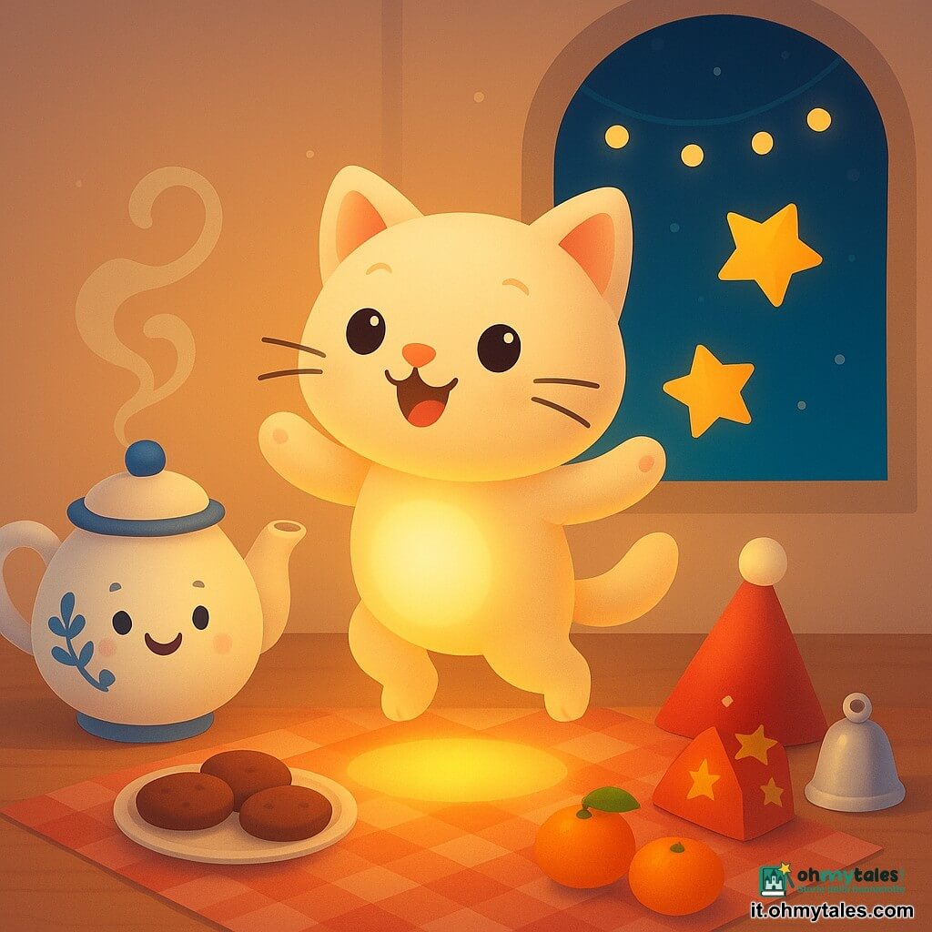 Un gattino-lanterna come protagonista, pelo crema soffice, pancia rotonda che emette una calda luce gialla, felice e saltellante sulla tavola mentre lancia stelline di carta; una teiera antropomorfa di porcellana bianca con decori blu sorride e sprigiona vapore a spirale, posta a sinistra; a destra sulla tavola busta di stelline rosse e oro, una campanella argentata lucida e un buffo cappellino rosso con pon pon come accessori di festa; davanti alla finestra un piatto di biscotti marroni e alcune mandarini arancione su una tovaglia a quadretti rossi illuminati dalla luce del gattino; cucina accogliente con pareti crema, pavimento in legno chiaro e grande finestra su un cielo blu scuro punteggiato di stelle e ghirlande luminose; scena: preparativi per il Capodanno, atmosfera festosa, colori caldi, forme rotonde e tenere.