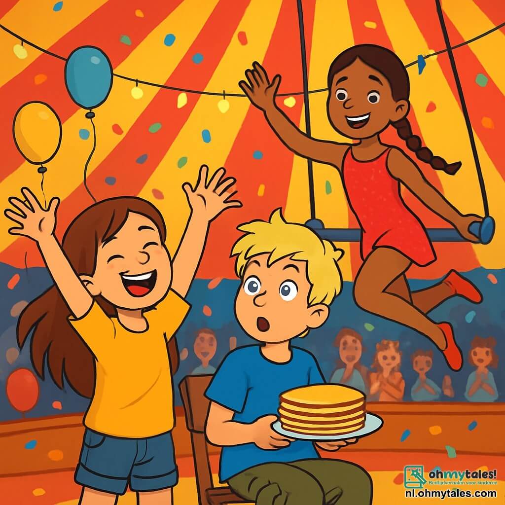 Er zijn 3 personages: - Lisa: een 10-jarig meisje met lang bruin haar en sprankelende ogen. Ze draagt een felgele t-shirt en een spijkerbroekshort. Ze staat rechtop, lacht hard en steekt haar armen in de lucht. - Sem: een 10-jarige jongen met rommelig blond haar en een ondeugende glimlach. Hij draagt een blauwe t-shirt en een cargo broek. Hij zit op een stoel en houdt een bord pannenkoeken vast, met grote ogen van verbazing. - Noor: een 10-jarig meisje met gevlochten zwart haar en glanzende ogen. Ze draagt een glinsterend rood trapeze kostuum. Ze hangt aan een trapeze, glimlacht en zwaait naar het publiek met één hand. De setting speelt zich af onder een groot kleurrijk circustent met rode en gele strepen. Sprankelende lichten verlichten het podium, terwijl enthousiaste toeschouwers de houten banken vullen. Multikleurige ballonnen zweven in de lucht en de geur van popcorn en karamel hangt in de lucht. De hoofdscene toont Lisa en Sem die luid lachen terwijl ze naar de performance van Noor kijken, die een spectaculaire acrobatiek in de lucht uitvoert. Noor draait een pirouette terwijl confetti om hen heen valt, wat een feestelijke en vrolijke sfeer creëert.