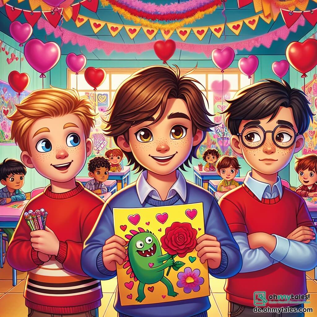 In einem bunten Klassenzimmer stehen vier achtjährige Jungen in der Mitte, umgeben von Valentinstagsdekorationen. Max, ein Junge mit braunen Haaren und funkelnden Augen, lächelt breit und hält eine große, mit Herzen und einem lustigen Monster verzierte Karte. Rechts von ihm lacht Tom mit zerzausten blonden Haaren und einem roten T-Shirt, während er die Zeichnung des Monsters zeigt. Links schaut Leo, ein Junge mit schwarzen Haaren und Brille, neugierig und hält ein kleines Bonbonpäckchen. Schließlich steht Finn, ein Junge mit kastanienbraunen Haaren und Sommersprossen, nervös aber aufgeregt hinter ihnen mit verschränkten Armen.

Das Klassenzimmer ist voller lebendiger Farben, mit rosa und roten Ballons, die von der Decke schweben, Herzgirlanden an den Wänden und Tischen, die mit kleinen Kuchen und Glückwunschkarten bedeckt sind.

Die Jungen bereiten sich darauf vor, ihre Freundin Mia zu überraschen, die an einem benachbarten Tisch sitzt, von ihren Freundinnen umgeben ist und sie mit erstaunten Augen ansieht, gespannt auf ihre Valentinstagsüberraschung.