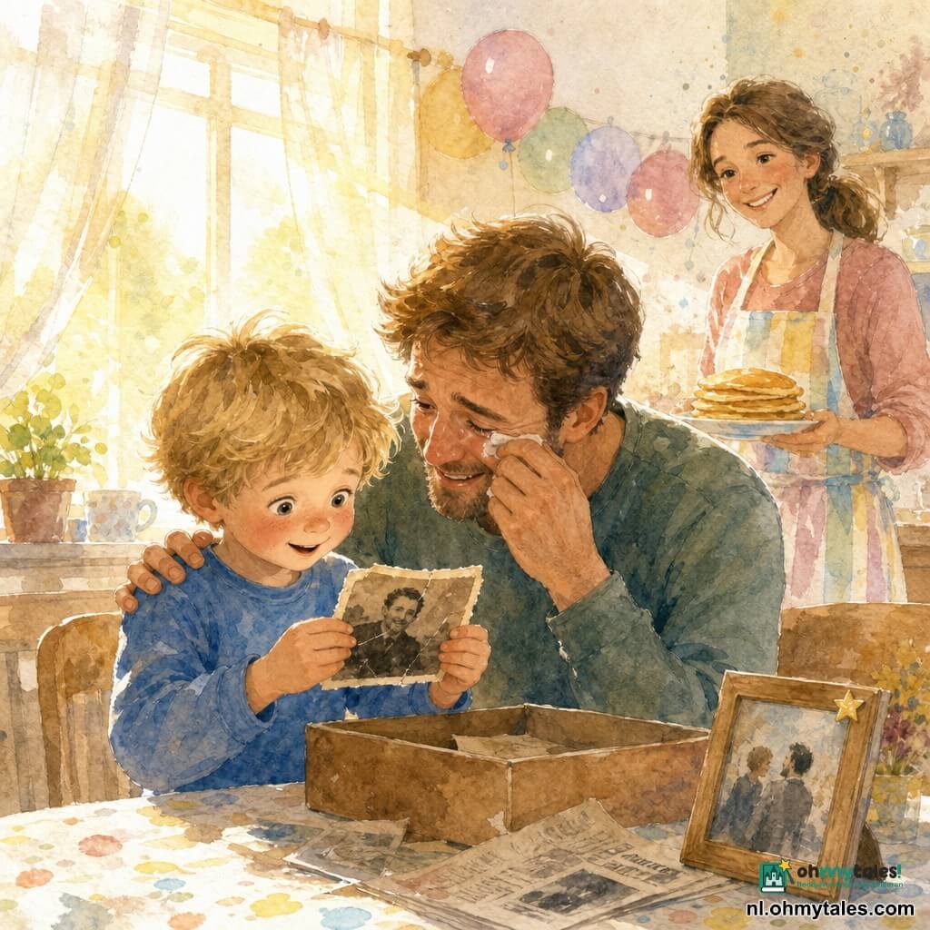 Een 4‑jarig jongetje met warrig blond haar en verlegen glimlach houdt met beide handen een licht gekreukte oude foto vast, verwonderd en trots; zijn vader knielt naast hem, lichte baard, bruine korte haren, veegt een tranen van vreugde weg en legt zacht een hand op zijn schouder; de moeder met lang opgestoken haar en een kleurig schort brengt een bord pannenkoeken en glimlacht vanaf de tafel; het is ochtend in een lichte keuken met houten tafel, eenvoudige tafelkleedjes, geel zonlicht door vitrage en pastelballonnen aan de muur; intieme Vaderdagscène: het jongetje geeft een ingelijste foto met een klein sterstickertje, iedereen lacht zacht; centraal is het vader‑kindduo, zachte pasteltinten met aquareltexturen en fijne gecontroleerde spetters voor een vrolijke toets.