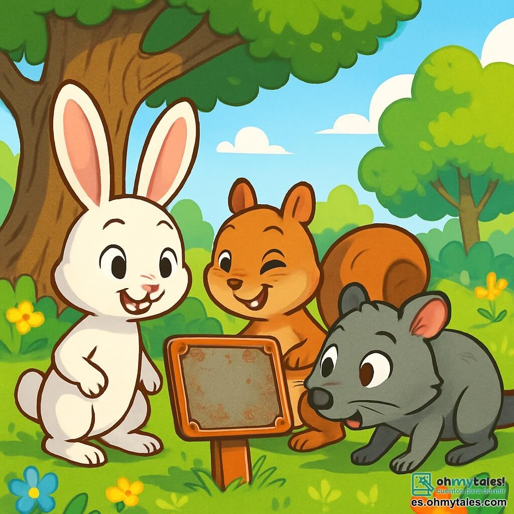 Un pequeño conejo llamado Nico, con un pelaje suave y sedoso de color blanco, grandes orejas erguidas y ojos brillantes de curiosidad, se encuentra frente a una placa antigua y oxidada, con aire decidido y emocionado. A su lado, una pequeña ardilla llamada Lola, con pelaje marrón y una cola esponjosa, mira la placa con una sonrisa traviesa, mientras que un mapache llamado Tomás, con pelaje gris y bigotes temblorosos, se inclina hacia adelante, intrigado y concentrado. El escenario es un parque verde, lleno de árboles majestuosos, flores coloridas y un gran roble de tronco nudoso, bajo el cual se encuentra la misteriosa placa. La escena principal muestra a los tres amigos en plena investigación, examinando la placa con entusiasmo, listos para resolver el misterio de la campana desaparecida.