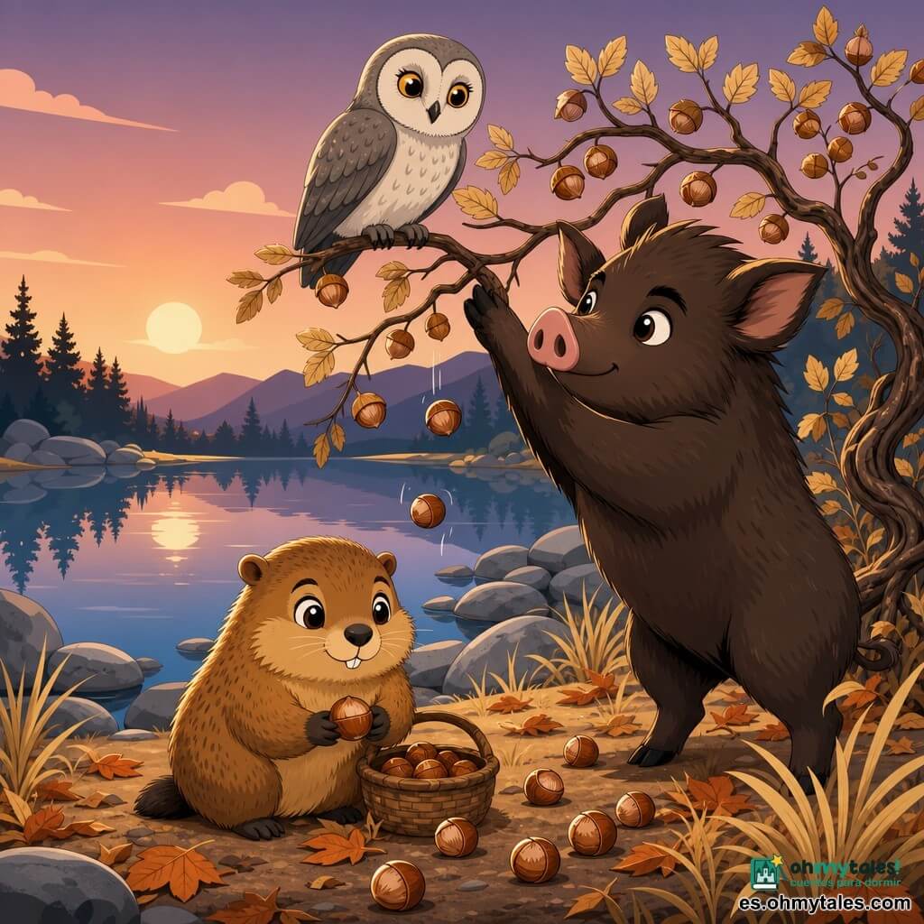 La marmota Marga, pequeña y redonda, pelaje pardo dorado moteado, ojos grandes y brillantes y expresión valiente y serena, recoge avellanas del suelo con sus pequeñas patas; junto a ella un joven jabalí macizo, hocico rosado y pelo castaño oscuro, la mira mientras sacude ramas altas para hacer caer avellanas; una lechuza gris y crema de grandes ojos dorados está posada en una rama observando con aire protector; todo en la orilla de un lago tranquilo al crepúsculo, agua azul profunda, piedras grises, matorrales con avellanas, hierba pálida y hojas secas, ambiente suave de colores cálidos y contrastes nítidos, composición centrada y formas simples.