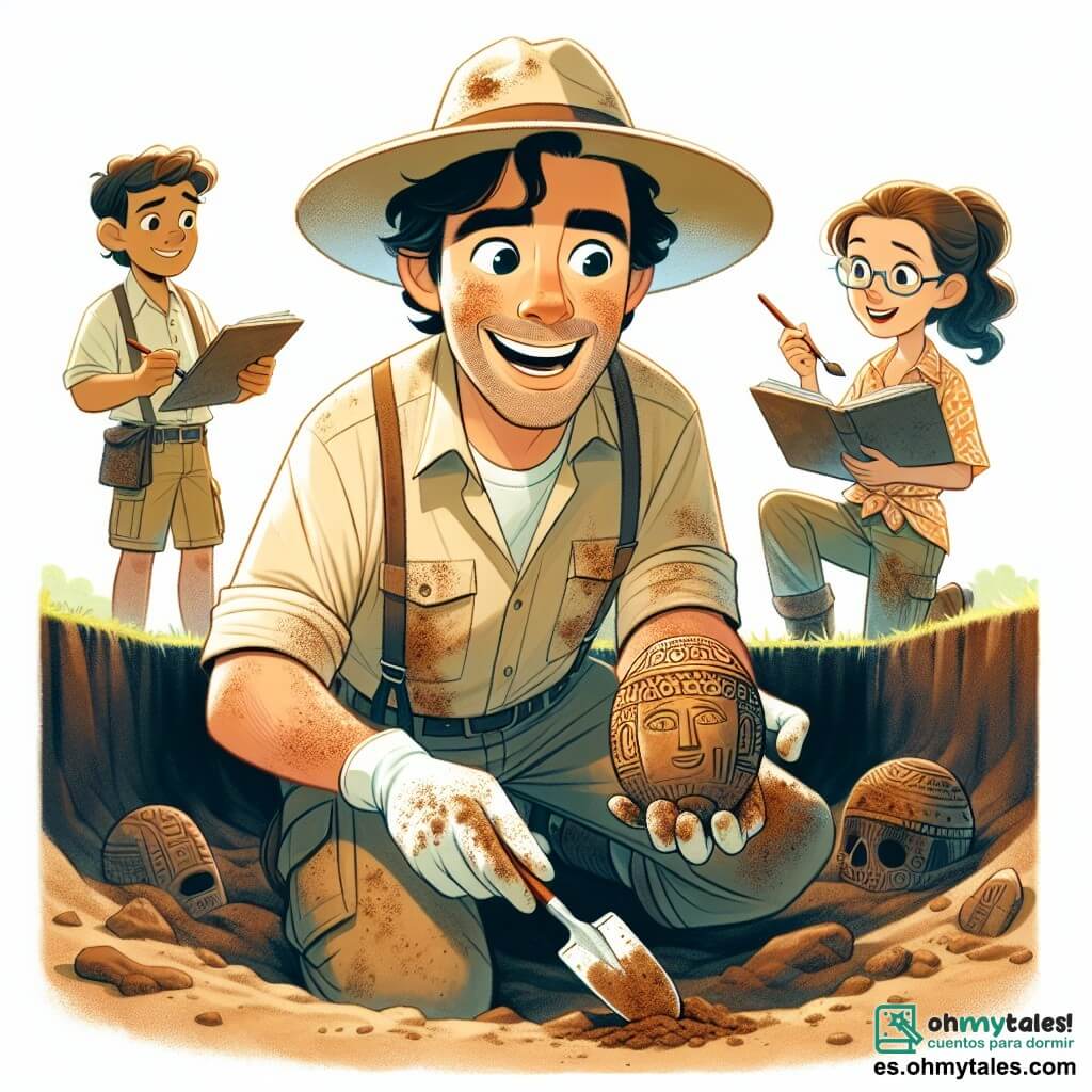 Un hombre, el arqueólogo Javier, está de pie en el centro de la escena, con una sonrisa maravillada en su rostro. Lleva un amplio sombrero de paja, una camisa de manga corta beige y pantalones cargo, todos cubiertos de polvo. Sus ojos brillan de emoción mientras sostiene un pincel en una mano y un trozo de cerámica decorada en la otra, descubriendo un tesoro antiguo. A su lado, una mujer de unos 30 años, llamada Clara, toma notas en un cuaderno. Tiene el cabello castaño recogido en una coleta y lleva gafas de protección. Su expresión es concentrada y entusiasta mientras observa atentamente los hallazgos de Javier. En el fondo, un joven de 25 años, Marco, excava con una pequeña pala, mostrando el esfuerzo que realiza. La escena se sitúa en una antigua ciudad inca, rodeada de montañas bajo un cielo azul. Javier descubre una hermosa cerámica decorada, mientras comienza a llover, lo que amenaza su trabajo. La emoción y la urgencia se mezclan en el aire mientras el equipo se apresura a proteger sus valiosos hallazgos.