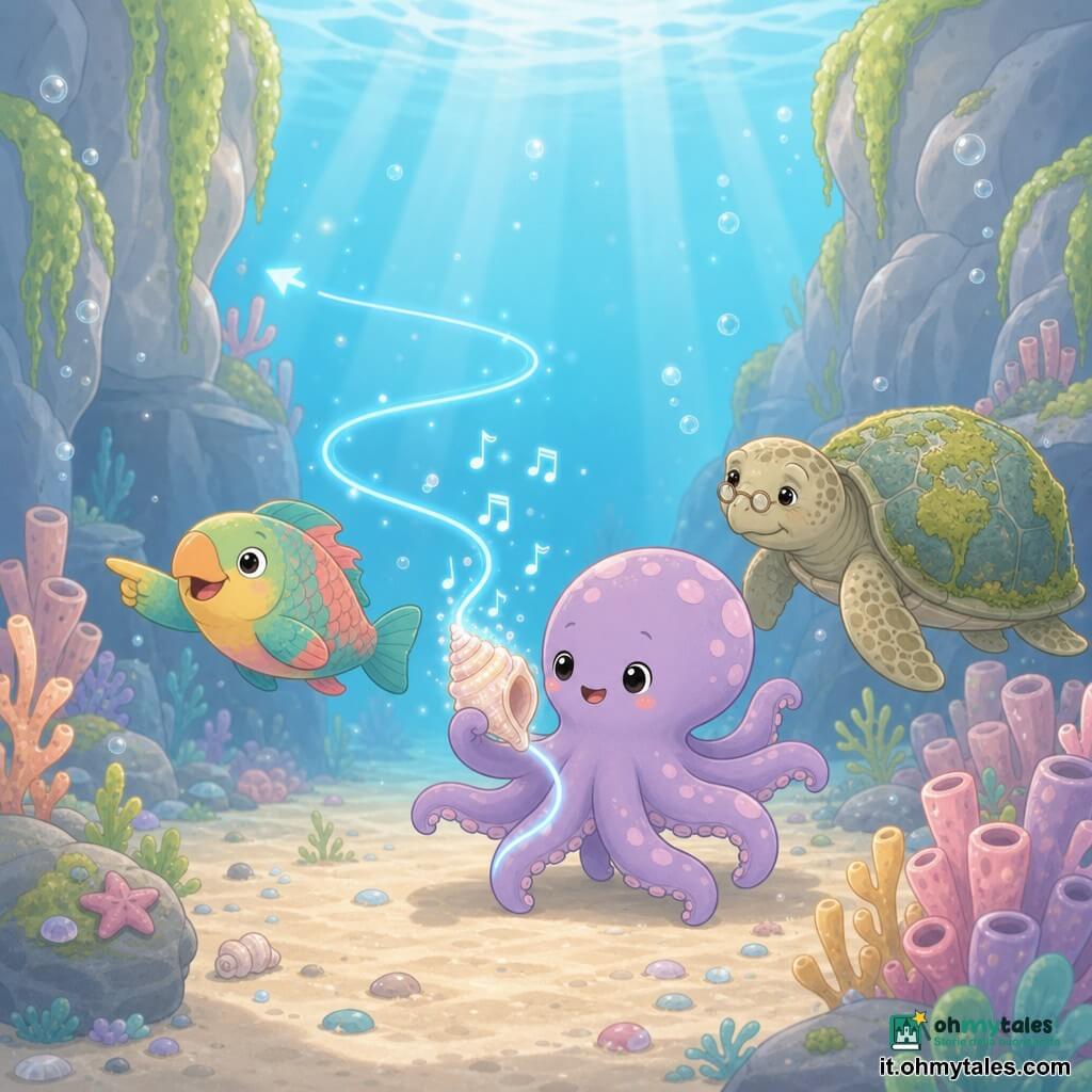 Ottavio, giovane polpo color lavanda con macchie rosa pallido e otto tentacoli morbidi, tiene nella tentacolo una conchiglia a spirale madreperlacea che emette una sottile linea luminosa blu; ha un'espressione gioiosa e concentrata. Pinna, pesce pappagallo vivo e sorpreso con scaglie verdi, gialle e corallo, nuota a sinistra indicando la direzione con il becco e sorridendo. Zaffira, anziana tartaruga marina saggia dalla corazza rugosa ricoperta di alghe simili a mappe, osserva lievemente più indietro a destra. Ambientazione: fondale marino tra due rocce lisce coperte da tende di alghe verdi, colonne di corallo pastello, sabbia con ciottoli lucenti e qualche bolla, raggi azzurri filtranti dalla superficie. Situazione: Ottavio segue la conchiglia come una bussola; la conchiglia scintilla e proietta piccole note musicali disegnate; atmosfera dolce e avventurosa, composizione semplice, forme arrotondate, colori pastello, illuminazione soffusa in stile kawaii minimalista.
