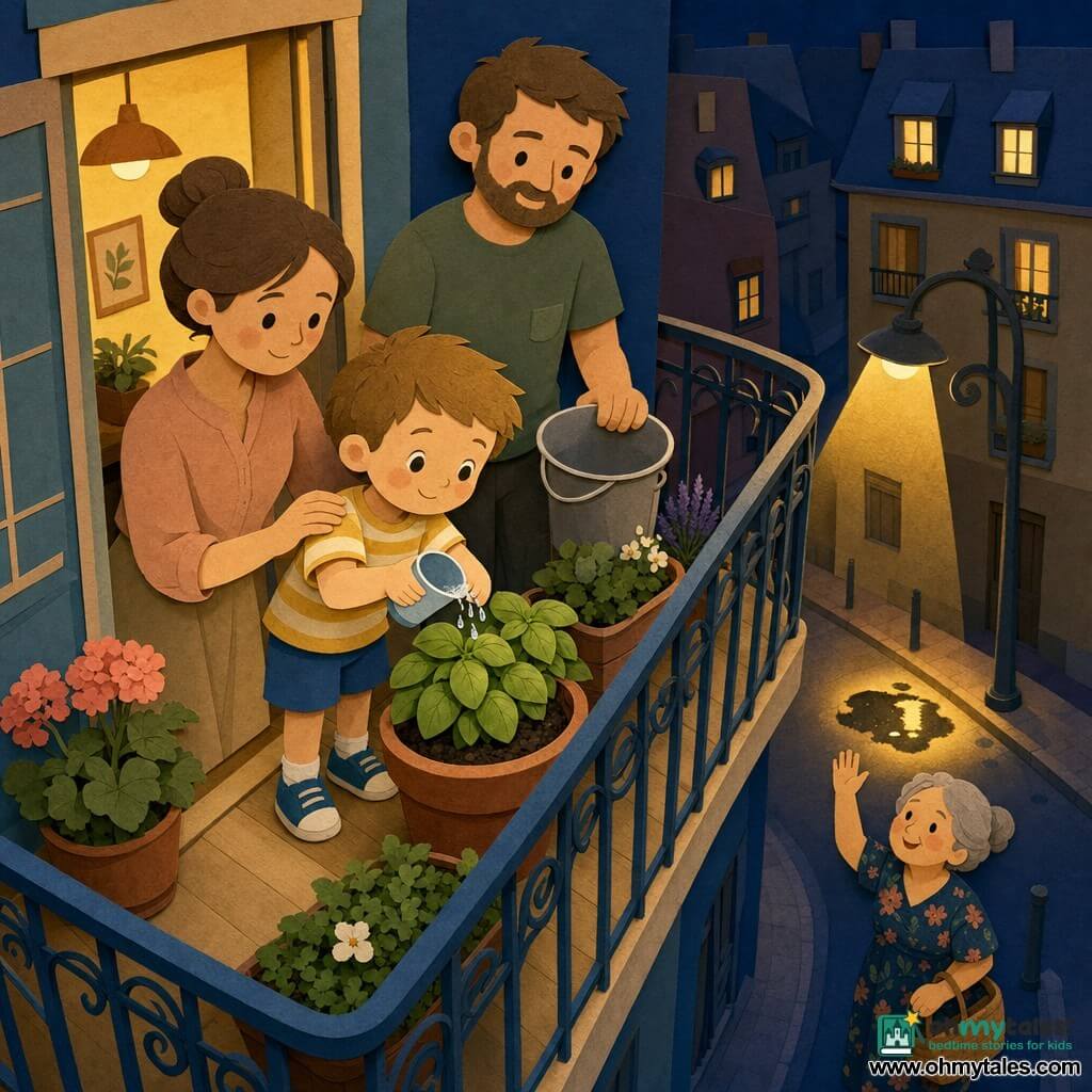 A calm 4-year-old boy with a round face and gentle smile waters a bright basil plant with reused water, holding a small cup with both hands as fine drops make soft "plip" on dark soil; behind him on a small apartment balcony at night his mother (about 30, hair in a bun, hand on his shoulder) watches proudly, his father (about 35, short beard, simple t-shirt) stands nearby with an empty bucket, and below a neighbor (Mrs. Amina, ~50, gray hair in a bun, floral dress) waves from the sidewalk; light wood floor, painted metal railing, warm yellow streetlight puddle and building windows in the blue night complete the cozy, warm interior / cool exterior scene.