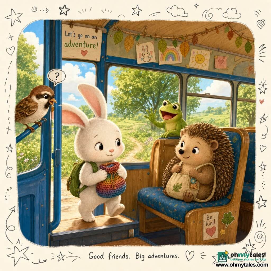 Milo is a small white rabbit with big soft ears and round mischievous eyes, smiling shyly and holding a small multicolored knitted pouch to his chest as he boards a blue bus. Beside him, a round hedgehog with brown quills looks kind and focused, carrying a fabric bag and sitting opposite Milo. A green frog with bright eyes sits on the windowsill laughing, pressing a foot to the glass to watch the passing landscape. A beige-and-brown sparrow near the door watches Milo curiously. The bus interior is warm: light wooden seats, wide windows with golden light, children's drawings and leaf garlands; outside is a green meadow with trees, a dirt path and a blue sky with fluffy clouds. The scene captures a tender moment of friends boarding together, laughing and sharing, with soft colorful textures (wool, wood, feathers) in a pastel-saturated graphic style, rounded lines and doodle overlays of leaves, hearts and arrows to emphasize warmth and community.