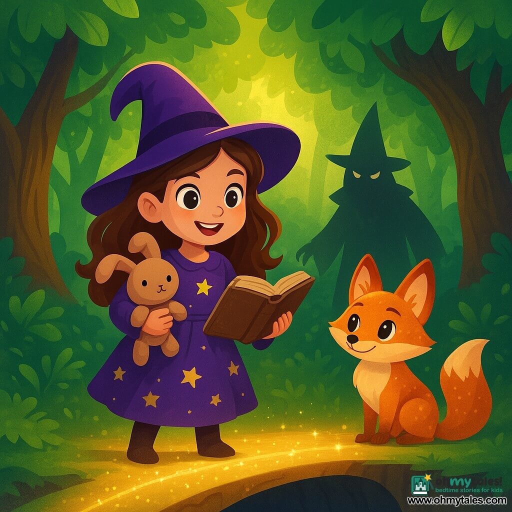 A young apprentice witch, Elara, around 10 years old, stands at the center of the scene. She has long wavy brown hair, sparkling curious eyes, and wears a purple dress adorned with golden stars. Her face expresses joyful determination as she holds an old magic book in one hand and a small stuffed animal, Binky the rabbit, in the other. Beside her, Luna, a magical little fox with bright eyes and shimmering fur, encourages her with a friendly look, ready to help her on her adventure. The setting is an enchanted forest, with gigantic trees having gnarled trunks and luminous leaves that seem to whisper secrets. Rays of light filter through the foliage, creating a magical and mysterious atmosphere. Elara and Luna are preparing to cross a shimmering bridge made of light that stretches over a dark chasm. The main situation shows Elara, full of courage, ready to face the illusions of the bridge, while threatening shadows loom in the background, suggesting the presence of Malvorn, the evil wizard.