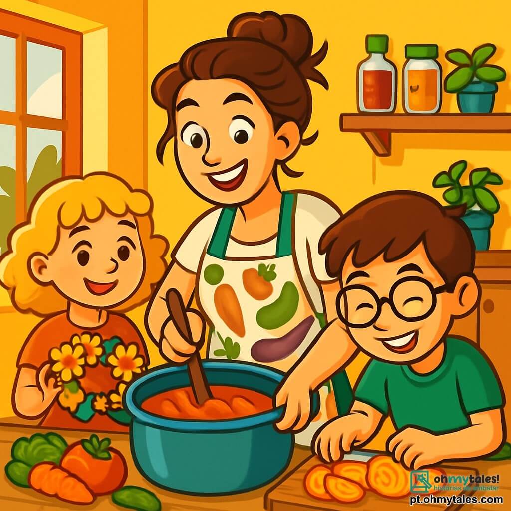 Clara, uma mulher de cerca de trinta anos, sorridente e cheia de energia, usa um avental colorido com estampas de legumes. Seus cabelos castanhos estão presos em um coque bagunçado, enquanto ela mistura uma grande panela de molho de tomate, seus olhos brilhando de alegria e criatividade. Ao seu lado, Ana, uma menina de 8 anos com cabelos loiros cacheados, segura uma coroa de flores comestíveis que colheu, seu rosto radiante de orgulho. Tiago, um menino de 9 anos com óculos e cabelos castanhos, está inclinado sobre uma mesa, cortando tomates dourados com concentração, um grande sorriso no rosto. A cena acontece em uma cozinha acolhedora e colorida, com paredes pintadas de amarelo vivo, prateleiras cheias de potes de especiarias e legumes frescos dispostos sobre a bancada de madeira. A luz do sol entra pela janela, iluminando o espaço de forma alegre. A situação principal mostra Clara e as crianças preparando um prato especial, cercados por ingredientes coloridos e risadas, criando juntos um momento mágico e acolhedor, repleto de criatividade e compartilhamento.