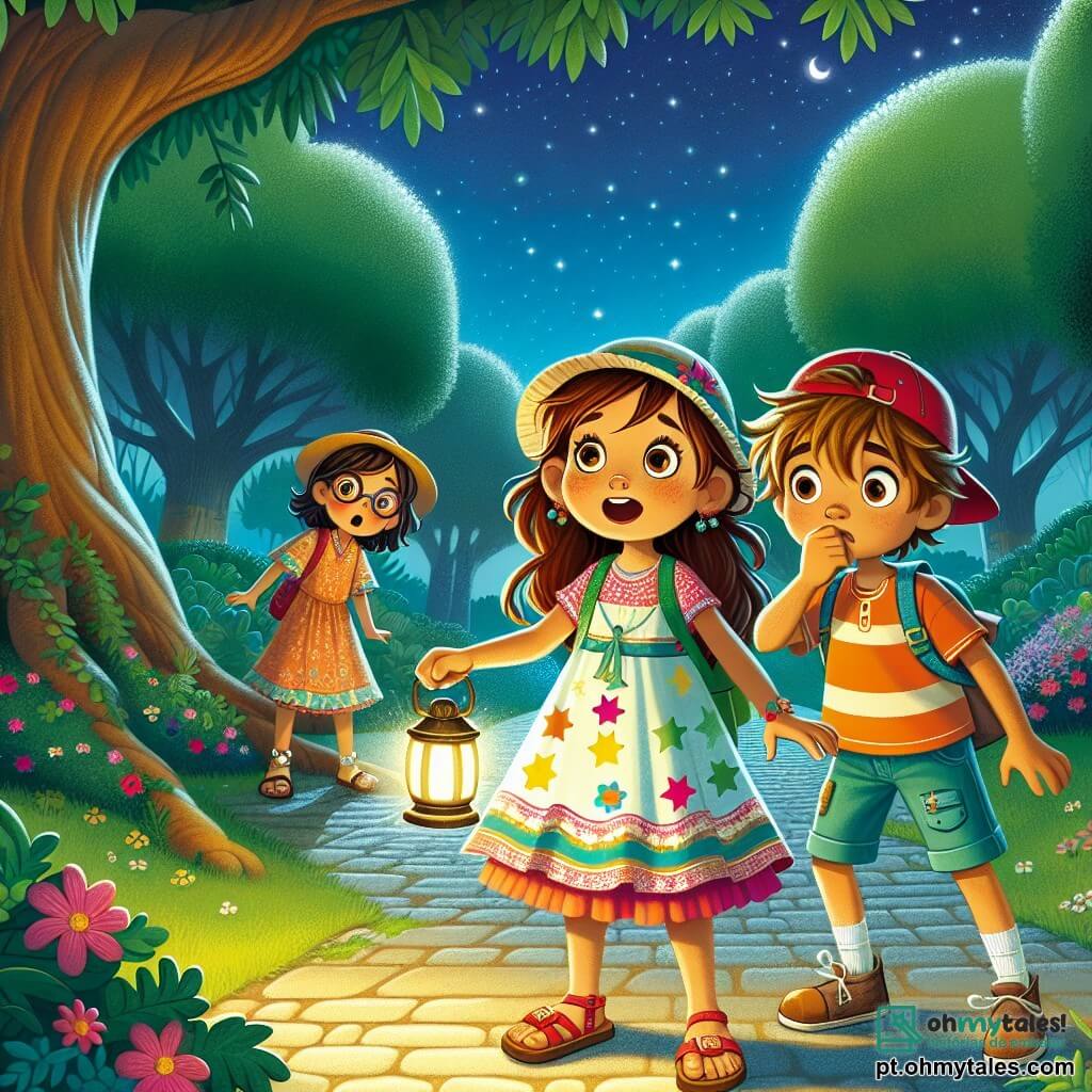 Uma menina de 12 anos, Luísa, com longos cabelos castanhos e olhos brilhantes de curiosidade, está no meio de um parque sob um céu estrelado. Ela usa um vestido colorido e sandálias, exibindo um grande sorriso de empolgação enquanto observa uma sombra misteriosa à distância. Ao seu lado, seu amigo João, um menino de 11 anos com cabelos loiros bagunçados e um boné vermelho, segura uma lanterna e observa com espanto a mesma sombra. Clara, uma menina de 12 anos com cabelos castanhos e óculos redondos, está um pouco afastada, parecendo um pouco preocupada, mas intrigada, mordendo o lábio inferior. O parque é iluminado pela suave luz da lua, com majestosas árvores de folhas verdes e flores coloridas ao longo do caminho. Ao longe, um grande carvalho se ergue, e uma leve brisa faz as folhas dançarem. A situação principal mostra Luísa e seus amigos em plena investigação para descobrir o mistério da silhueta que se move furtivamente entre as árvores, com seus corações batendo de empolgação e apreensão.