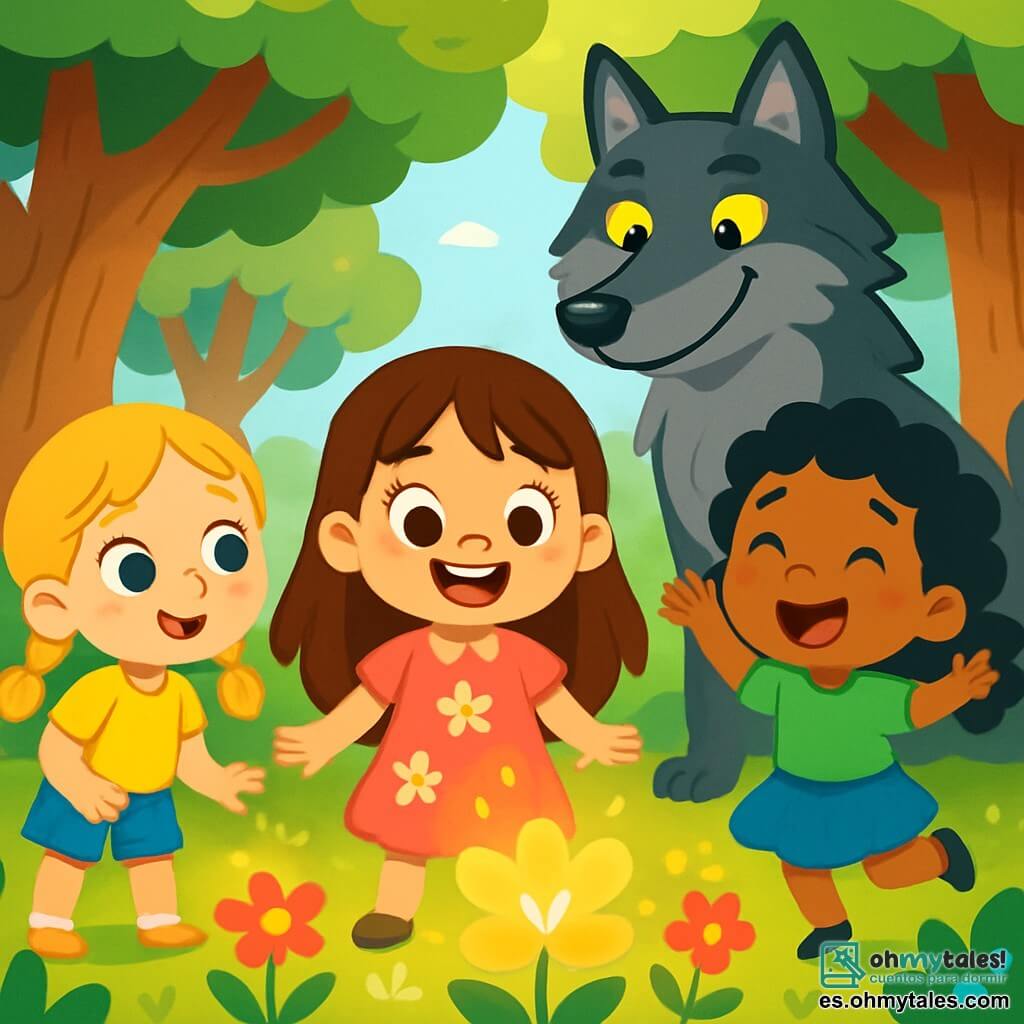 Hay 4 personajes: - Ana: una niña de 4 años, con largos cabellos castaños y ojos brillantes. Lleva un vestido rosa con flores. Está en el centro, sonriendo y llena de energía. - Lía: una niña de 4 años, con trenzas rubias y ojos azules. Lleva una camiseta amarilla y un short de mezclilla. Está ligeramente adelante a la izquierda, mirando con curiosidad. - Sofía: una niña de 4 años, con cabello rizado negro y ojos marrones. Lleva una falda azul y una camiseta verde. Está a la derecha, saltando de emoción. - El Gran Lobo: un gran lobo gris, con pelaje suave y ojos amarillos penetrantes. Está detrás de las niñas, con una sonrisa amistosa, mostrando que no es amenazante. El lugar se desarrolla en un bosque encantado, con árboles majestuosos y hojas verdes brillantes. Flores coloridas con pétalos brillantes están esparcidas por el suelo, y una luz suave filtra a través de las ramas, creando un ambiente mágico. La situación principal muestra a las niñas descubriendo una floración luminosa en el centro de la escena, mientras el Gran Lobo las observa con una expresión benevolente. Las niñas ríen y se maravillan, mientras la magia del lugar las envuelve, simbolizando la amistad y la aventura.