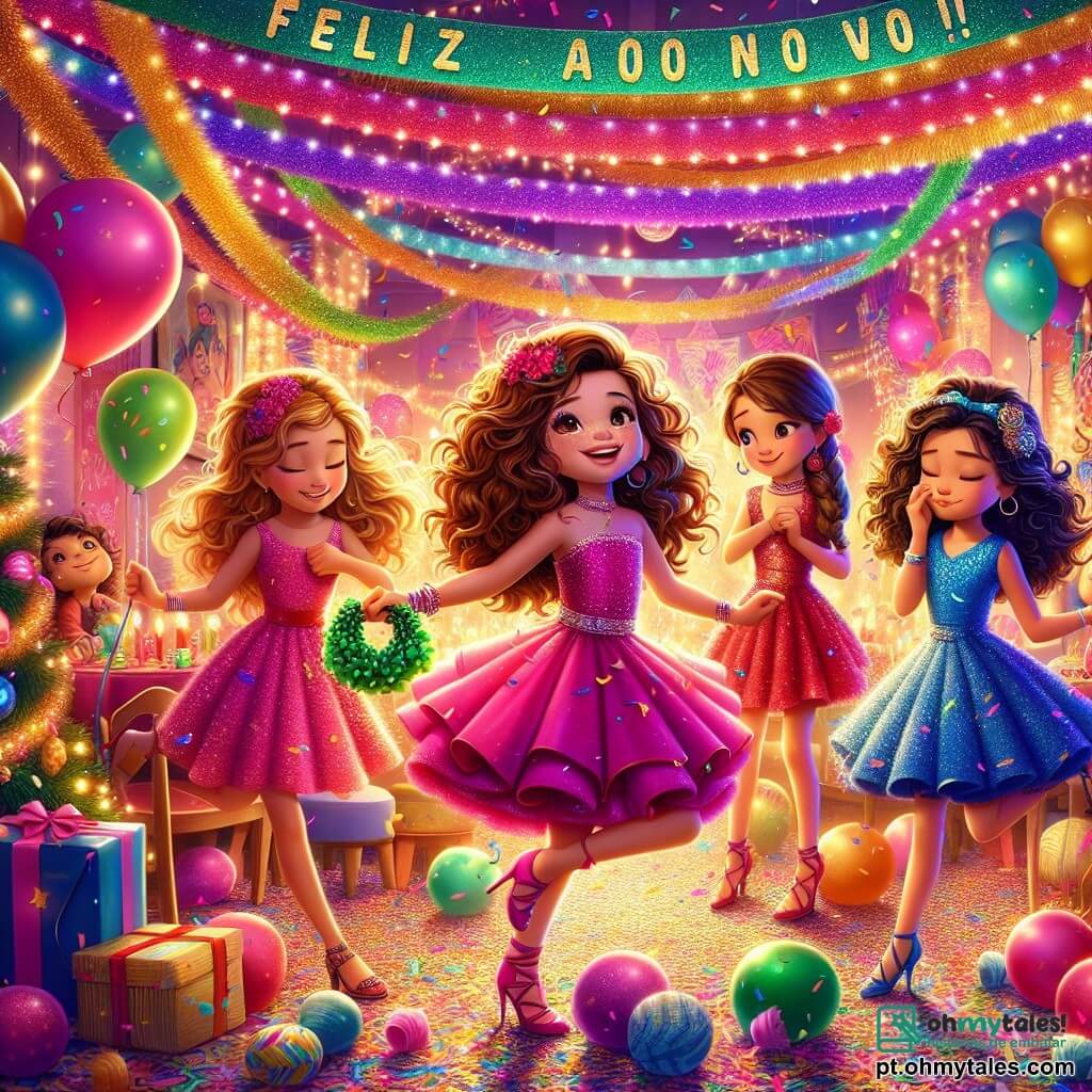 Quatro meninas de dez anos estão em uma sala de festa colorida, cercadas por decorações brilhantes. Clara, com cabelos castanhos e cacheados, usa um vestido rosa e dança alegremente no centro. À sua direita, Sofia, com cabelos loiros e lisos, veste um vestido azul e segura um saco de uvas verdes, pronta para fazer um pedido à meia-noite. À esquerda, Ana, com cabelos castanhos e ondulados, usa um vestido vermelho e olha timidamente para seu crush ao fundo, enquanto se prepara para compartilhar seu desejo. Por fim, Beatriz, com cabelos negros e uma trança, está vestida de roxo e desenha resoluções em um grande papel colorido, sentada no chão, cercada de confetes. A sala está decorada com serpentinas coloridas, balões e uma enorme faixa "Feliz Ano Novo!" pendurada no teto, com luzes brilhantes criando uma atmosfera festiva. As quatro amigas se preparam para a grande festa de Ano Novo, dançando, compartilhando resoluções e se preparando para a contagem regressiva à meia-noite, onde farão pedidos comendo uvas.