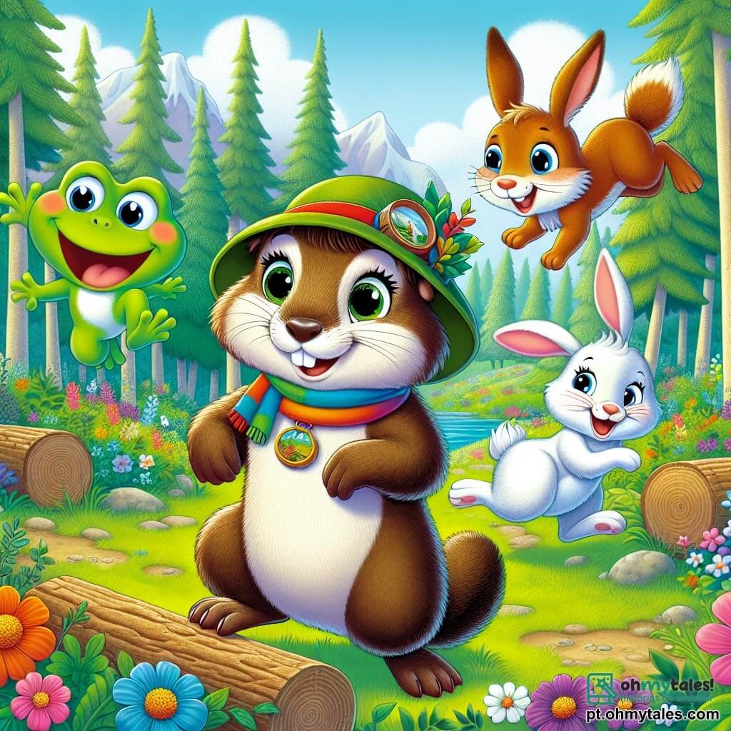 Uma marmota chamada Marlene, com pelagem marrom suave e olhos brilhantes de curiosidade, está no centro da cena, sorridente e cheia de entusiasmo, usando um pequeno chapéu de explorador e um lenço colorido ao redor do pescoço. À sua direita, um sapo chamado Samuel, verde vibrante com grandes olhos redondos, salta alegremente, enquanto à sua esquerda, uma coelha chamada Clara, com orelhas longas e pelagem branca brilhante, faz piruetas rindo. Ao fundo, uma floresta encantada se estende, com árvores altas de folhas verdes vibrantes, flores coloridas espalhadas pelo chão e um céu azul com nuvens fofas. A cena principal mostra Marlene e seus amigos em uma competição de corrida de obstáculos, rindo e se divertindo, enquanto Samuel tenta pular sobre um tronco de árvore e Clara se prepara para fazer um salto acrobático.