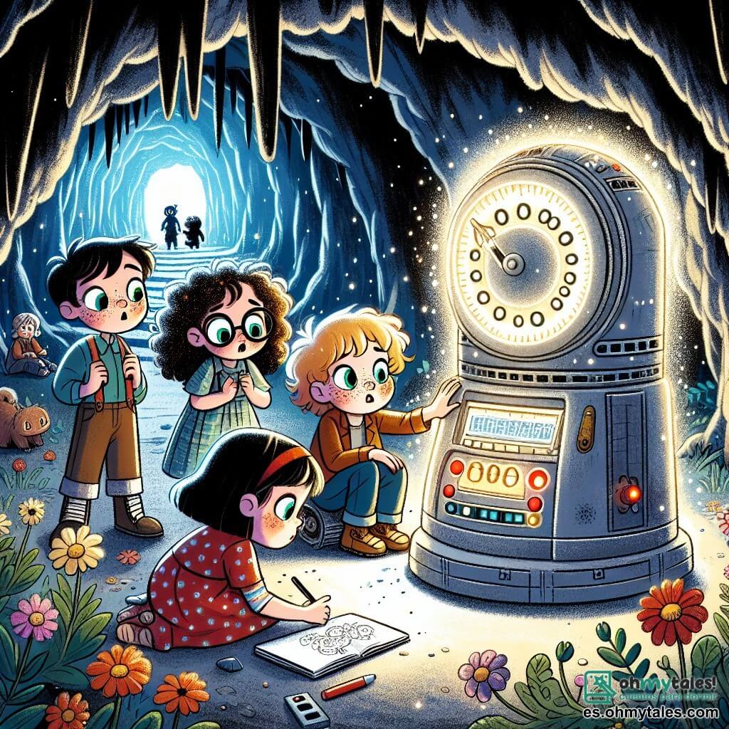 En una cueva misteriosa, cuatro amigos están juntos, iluminados por la luz de una máquina del tiempo brillante. Clara, una niña de 10 años con cabello rizado y gafas redondas, observa la máquina con asombro. A su lado, Tomás, un niño de 11 años con cabello rubio y pecas, presiona un botón rojo con emoción. Sofía, una niña de 9 años con cabello largo y negro, dibuja entusiasmada en su cuaderno, rodeada de flores coloridas cerca de la entrada de la cueva. Finalmente, Lucas, un niño de 10 años con cabello castaño y ojos verdes, se inclina hacia adelante, observando a un pequeño dinosaurio que se acerca, con una sonrisa maravillada. La cueva es oscura y misteriosa, con paredes cubiertas de símbolos antiguos que brillan levemente. En el centro, la máquina del tiempo de metal plateado, adornada con botones de colores y luces intermitentes, crea una atmósfera mágica. Los amigos acaban de descubrir la máquina del tiempo y están a punto de activarla para viajar a la prehistoria, donde esperan encontrar dinosaurios. La emoción y la anticipación se reflejan en sus rostros mientras se preparan para vivir una aventura increíble.
