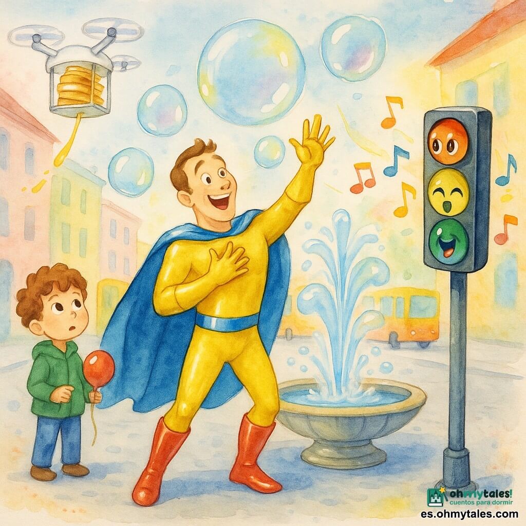 Un hombre adulto, el Capitán Brillo, sonriente y sorprendido, con capa azul brillante, botas rojas y traje amarillo ajustado, mano en el corazón y la otra alzada hacia una fuente que hace burbujas gigantes; a la izquierda, un niño de unos 5 años de cabello rizado castaño y chaqueta verde mira boquiabierto desde la acera sosteniendo un pequeño globo rojo; sobre la escena vuela un dron blanco y redondo con hélices visibles y una caja transparente llena de panqueques que deja una leve estela de jarabe; a la derecha, un semáforo antropomórfico y colorido con ojos y pequeña boca cantarina está en un poste, vibrando y emitiendo notas musicales de colores; la calle de Brillópolis es ancha y empedrada de gris claro, flanqueada por edificios pastel y autobuses coloridos al fondo, con una gran fuente central que lanza burbujas translúcidas con reflejos arcoíris; escena principal: cómica y alegre con el superhéroe observando la fuente, el dron entregando panqueques y el semáforo cantando, con salpicaduras acuareladas controladas alrededor de las burbujas y las notas musicales.