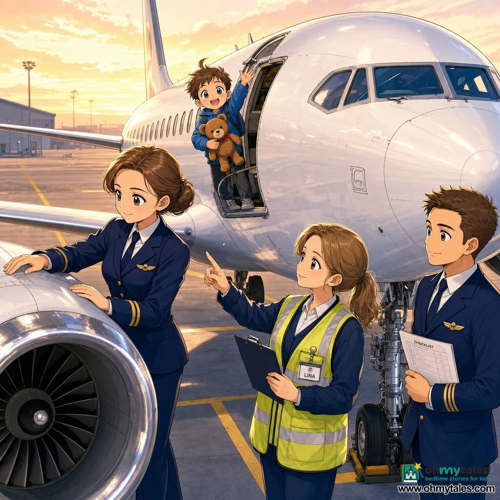 Captain Maya, a calm, kind female pilot with brown hair in a bun and a gentle smile, wearing a white pilot shirt, navy jacket and wing badge, lightly touches the airplane wing while checking the engine; beside her to the right stands Ben, a young male co-pilot in his mid-20s with short hair and a relaxed smile holding a paper checklist near the landing gear; Lina, a ground crew woman in her 30s wearing a yellow reflective vest and holding a clipboard, stands in front of the nose pointing at a spot on the fuselage and checking the wing lights; a small boy of about five with a brown teddy and a stray lock of hair waves from near a boarding door; the scene shows a large shiny white aircraft on smooth tarmac with wide wings and chrome engines at dawn, warm morning light, and a calm, attentive preflight inspection atmosphere of teamwork.