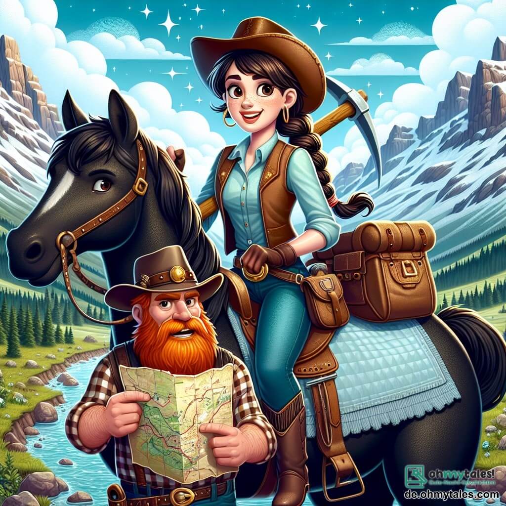 Clara, eine etwa 20-jährige Cowgirl, steht im Mittelpunkt des Bildes. Sie hat lange, geflochtene braune Haare, trägt einen Cowboyhut und eine Lederjacke, und ihr Gesicht zeigt Entschlossenheit und Aufregung. Sie hält eine Karte über ihrem Kopf und lächelt selbstbewusst auf ihrem schwarzen Pferd namens Blitz, das stolz an ihrer Seite steht. In der Nähe steht Big Joe, ein Mann in seinen Dreißigern, etwas im Hintergrund. Er hat einen roten Bart, trägt ein kariertes Hemd und einen abgenutzten Cowboyhut. Er schaut Clara mit Überraschung und Neugier an, hält in einer Hand eine Picke und in der anderen eine Karte. Die Szenerie zeigt ein gebirgiges Tal mit majestätischen Gipfeln im Hintergrund, funkelnden Felsen und einem blauen Himmel mit weißen Wolken. Ein kleiner Bach schlängelt sich durch die Szene und verleiht der Umgebung Frische. Die Hauptsituation zeigt Clara, die mutig den Männern von Big Joe einen Vorschlag macht, das Goldschatz zu teilen, was den Abenteuergeist und die Kameradschaft verdeutlicht.
