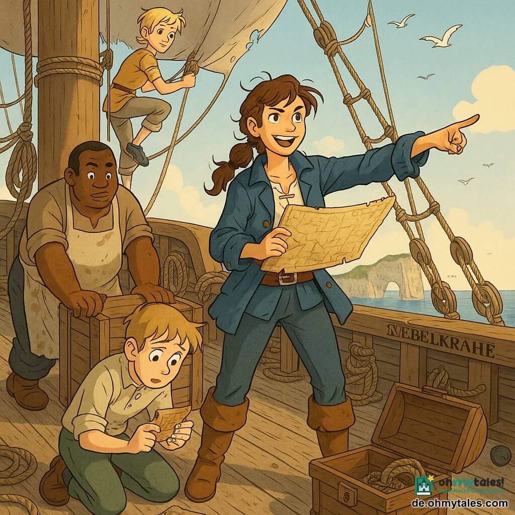 Die Protagonistin ist eine zwanzigjährige Piratin mit unordentlichem geflochtenem braunem Haar, abgenutzter blauer Segeltuchjacke und fuchsfarbenen Lederstiefeln; sie lächelt entschlossen, funkelnde Augen, hält eine alte, geöffnete Karte auf dem Deck. Neben einer Holzkiste steht Boris, etwa 40, stämmig, mit fleckiger Schürze und schiebt einen Eimer, konzentrierte Stirn, links von ihr. Tauba, ca. 25, schlank und wendig, kurze blonde Haare, sitzt oben am Mast und befestigt ein Tau, Blick zur See. Emil, etwa 16, blass und schüchtern, hockt mit einer Lupe und einer zerknitterten Mini-Karte am geöffneten Kofferfuß der Protagonistin. Schauplatz ist das Holzdeck des alten Seglers „Nebelkrähe“ mit abgegriffenen Planken, knorrigen Tauen, teils zerrissener Segel, sanftblauem Himmel, kreisenden Möwen, ferne singende Klippen und silberne Wasserreflexe. Die Szene zeigt das Team um einen Hinweis versammelt: die Piratin deutet die Karte zum Horizont, die anderen untersuchen ein graviertes Holzstück; Stimmung von Kameradschaft, Morgenlicht, warme Farben und detaillierte Texturen.