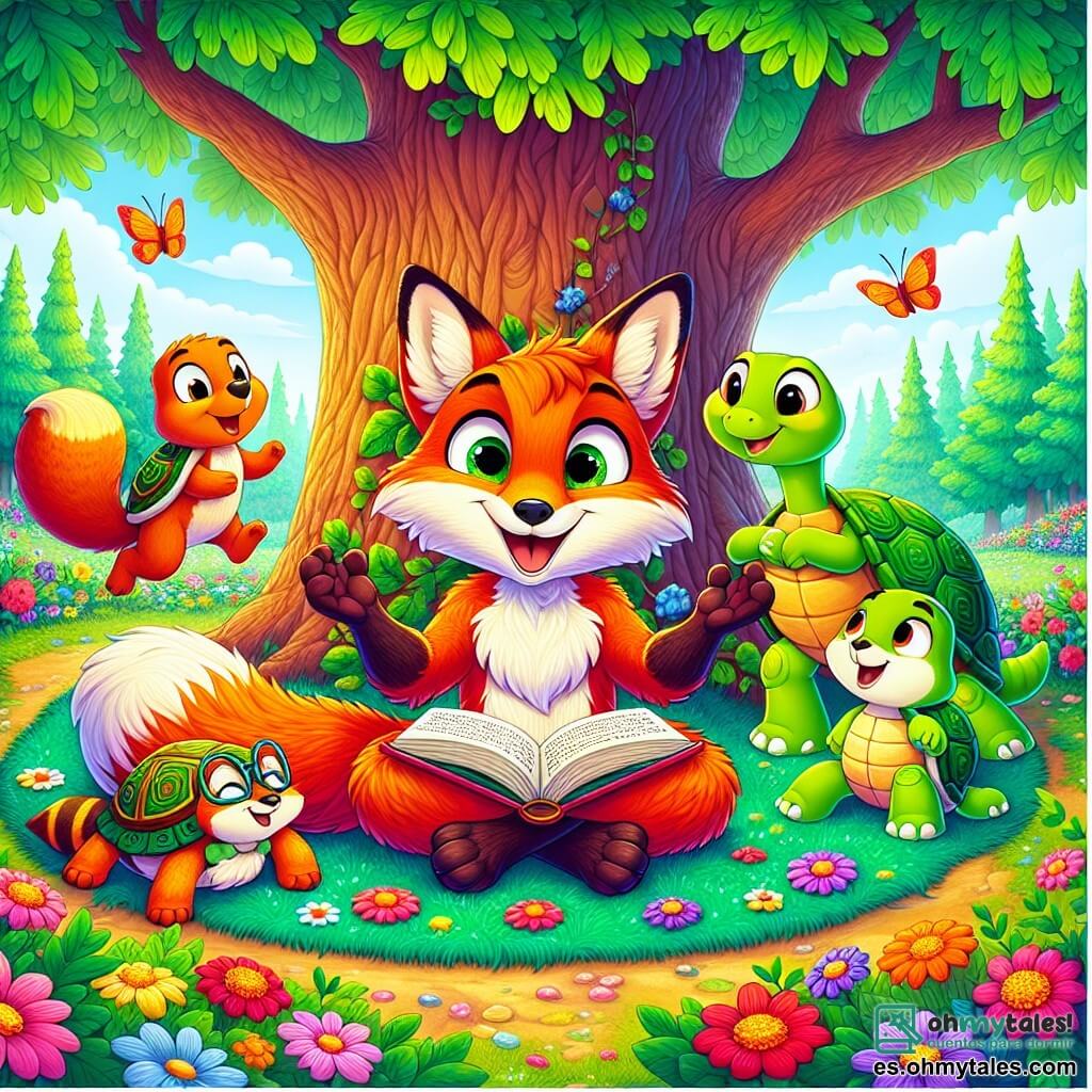 Roco, un zorro de pelaje naranja brillante y ojos curiosos, está en el centro de la escena, sonriendo mientras cuenta una historia a sus amigos. Se sienta bajo un gran roble, con las patas delanteras sobre un libro abierto, rodeado de flores coloridas. A su derecha, Tina, una tortuga de caparazón verde decorado, lo escucha atentamente, sus ojos brillando de admiración. A la izquierda, Mico, un pequeño mapache de pelaje gris y grandes orejas, ríe con entusiasmo, de pie sobre una piedra. El lugar es un hermoso rincón del Bosque de los Susurros, con árboles majestuosos, flores multicolores y un cielo azul claro. La escena principal muestra a Roco compartiendo una historia sobre la amistad y el respeto, mientras los otros animales se reúnen a su alrededor, escuchando con atención y sonriendo, creando una atmósfera cálida y acogedora.