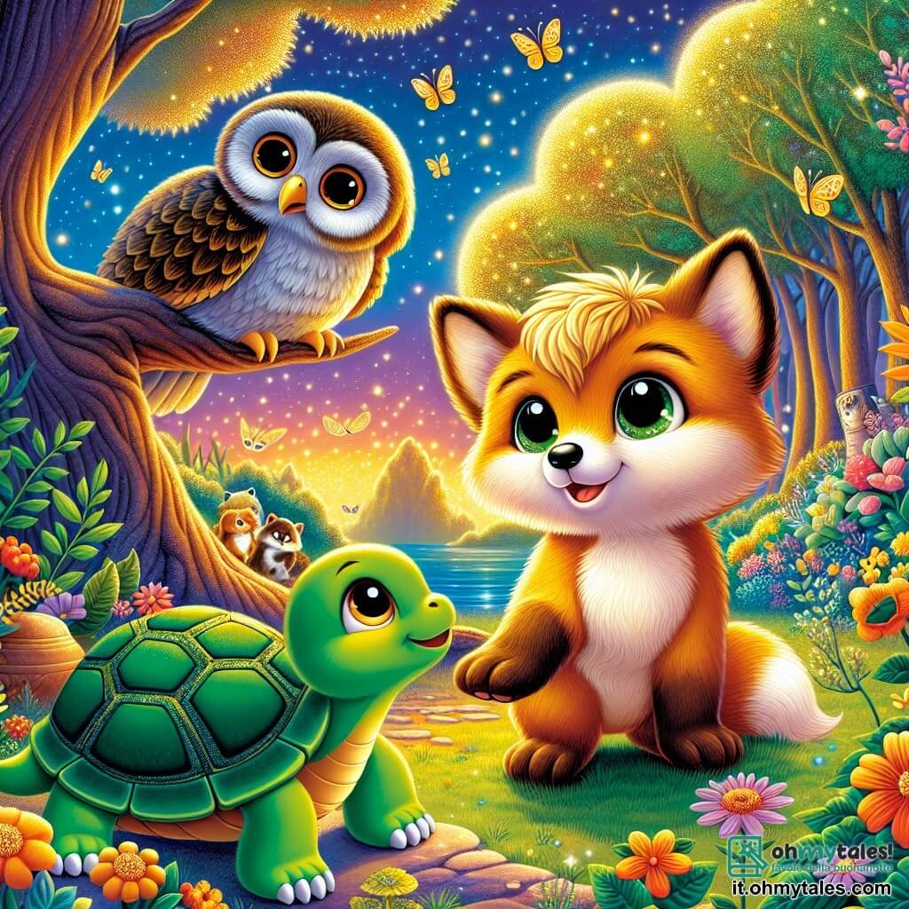 Al centro dell'immagine, una piccola volpe dai peli dorati, di nome Lupo, osserva con meraviglia un grande albero dalle foglie scintillanti, che rappresenta il giardino dei sogni. I suoi occhi brillano di eccitazione e curiosità, mentre si tiene sulle zampe anteriori, pronto a esplorare questo luogo magico. Accanto a lui, una dolce tartaruga con il guscio verde e gli occhi saggi esprime una serenità rassicurante. In secondo piano, un gufo dalle piume grigie e dagli occhi profondi si posa su un ramo, osservando la scena con orgoglio e saggezza, pronto a guidare Lupo nel suo viaggio. Il giardino è un luogo incantevole, pieno di fiori colorati e alberi maestosi, illuminato da una luce dorata. La scena principale mostra Lupo che scopre con meraviglia il giardino dei sogni, mentre la tartaruga e il gufo lo osservano, pronti a condividere la loro saggezza sulla vita e le scelte da fare.