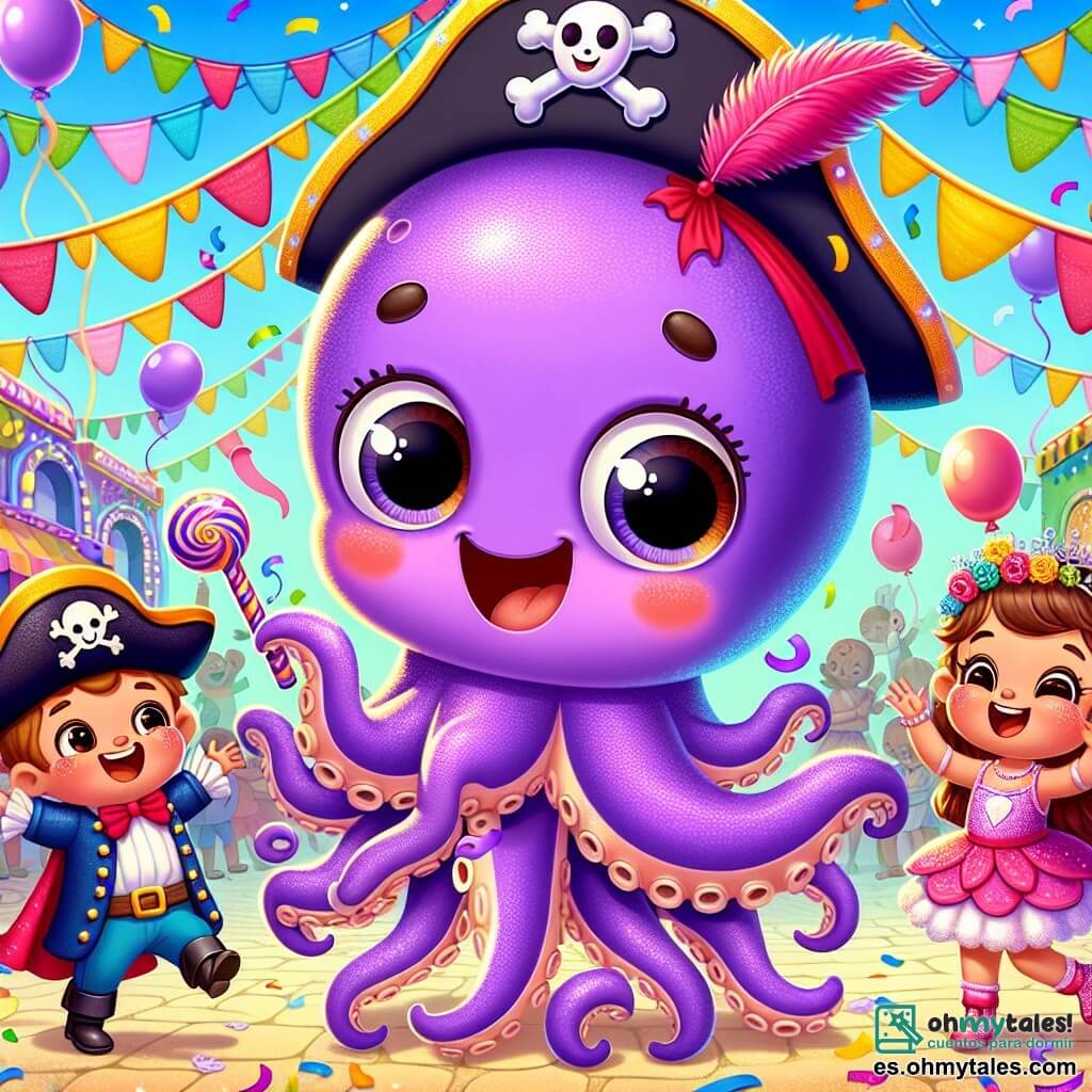Pepo el pulpo, un adorable pulpo morado con grandes ojos redondos y una amplia sonrisa, baila alegremente en medio de un carnaval animado, con sus ocho tentáculos girando a su alrededor. Parece emocionado y un poco perdido, buscando a su familia entre la multitud. Cerca, un pequeño pirata con un sombrero negro adornado con una pluma roja, con una sonrisa traviesa en su rostro, empuña una espada de plástico y ríe con sus amigos. Un hada con alas brillantes, vestida con un vestido rosa y una corona de flores, aplaude mientras baila, su rostro radiante de alegría. El carnaval se desarrolla en una calle colorida, decorada con guirnaldas multicolores, globos flotantes y confeti que cae del cielo. Niños disfrazados se divierten alrededor de Pepo, creando un ambiente festivo y alegre. Mientras baila, Pepo se da cuenta de que se ha alejado de su familia y comienza a buscar a su alrededor, con una mezcla de emoción y preocupación en sus grandes ojos.