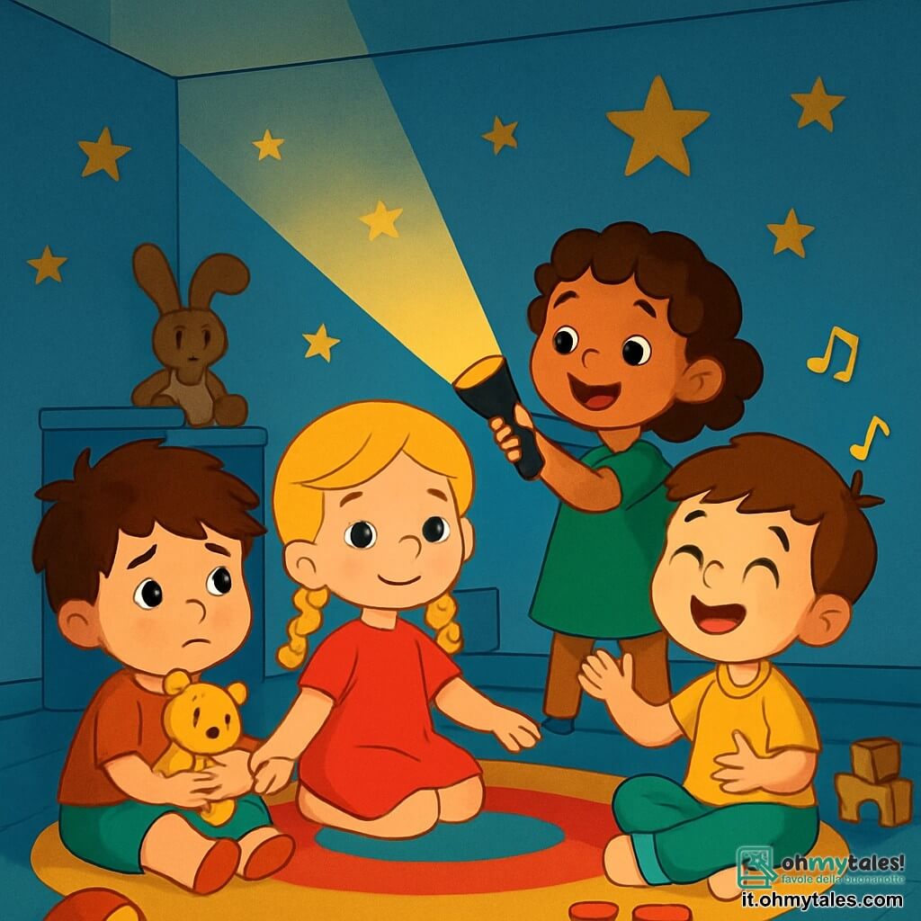 Ci sono 4 bambini: - Luca: un ragazzo di 5 anni, con capelli castani disordinati e grandi occhi curiosi. È seduto per terra, stringendo un piccolo peluche contro di sé, con un'espressione di preoccupazione sul volto. - Sara: una ragazza di 6 anni, con capelli biondi intrecciati e un sorriso rassicurante. È accanto a Luca, tenendogli dolcemente la mano, mostrando che è lì per sostenerlo. - Giulia: una ragazza di 5 anni, con capelli ricci e una piccola torcia in mano. È in piedi, illuminando il muro con la sua torcia, con gli occhi scintillanti di gioia. - Tommaso: un ragazzo di 6 anni, con capelli castani e un grande sorriso. È seduto di fronte a Luca e Sara, cantando allegramente per rassicurarli. Il luogo è una cameretta, con le pareti dipinte di blu chiaro e stelle dorate attaccate al soffitto. Il pavimento è coperto da un morbido e colorato tappeto, e ci sono giocattoli sparsi in giro. La luce della torcia di Giulia crea ombre danzanti sui muri, aggiungendo un tocco magico all'atmosfera. I bambini sono riuniti nella stanza, circondati dall'oscurità, ma confortati dalla luce della torcia. Ridono e condividono storie, trasformando la loro paura del buio in un momento gioioso e caloroso.