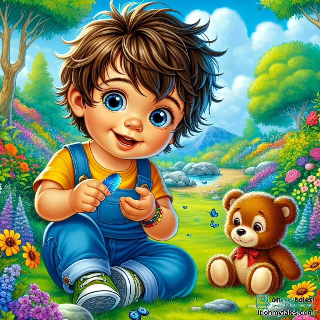 Un bambino di un anno, di nome Luca, si trova al centro dell'immagine, con grandi occhi curiosi e un ampio sorriso. Ha capelli castani disordinati e indossa una salopette blu con una maglietta gialla. Nelle sue piccole mani tiene una piuma blu brillante, guardando intorno a sé con meraviglia. Accanto a lui c'è il suo fedele amico, Teddy, un orsetto di peluche marrone con un piccolo fiocco rosso attorno al collo. Teddy è seduto sull'erba, con un'espressione attenta, come se ascoltasse le idee di Luca per risolvere il mistero. Il contesto è un giardino colorato, pieno di fiori vivaci, grandi alberi verdi e un cielo azzurro chiaro con alcune nuvole bianche. Si vede un piccolo sentiero di terra che si snoda nel giardino, aggiungendo un tocco di magia all'ambiente. La scena principale mostra Luca e Teddy impegnati in un'indagine, scrutando il terreno e i dintorni, cercando indizi per ritrovare il proprietario della piuma blu. Luca è inclinato in avanti, con un'espressione determinata, mentre Teddy sembra pronto ad aiutarlo in questa avventura emozionante.