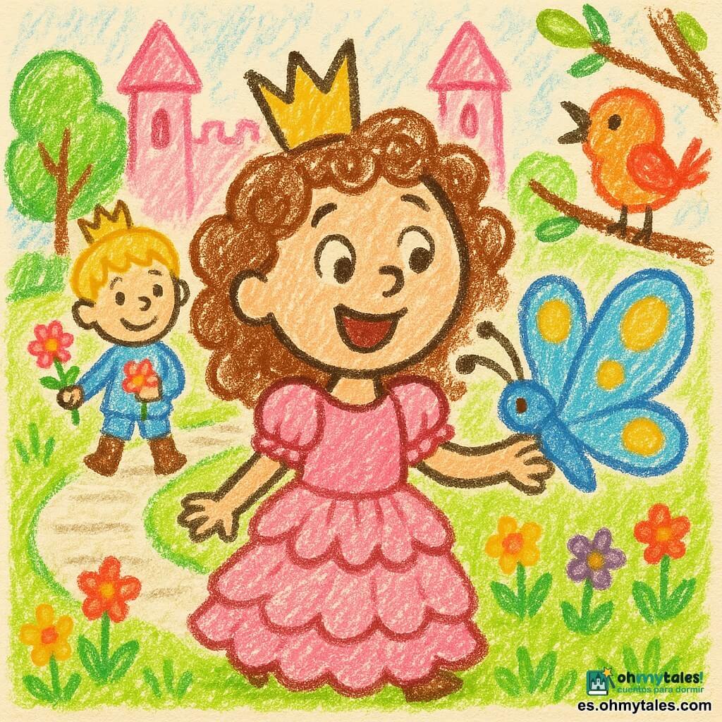 Princesa niña sonriente y asombrada, vestido rosa claro con volantes, pelo castaño rizado y pequeña corona dorada, sostiene delicadamente una gran mariposa azul con manchas amarillas; mariposa brillante de alas grandes; pájaro pequeño y redondo rojo y naranja posado en una rama a la derecha cantando; príncipe niño de 4-5 años, pelo rubio corto y traje azul cielo, con una flor, a unos pasos detrás con mirada alegre; jardín luminoso del castillo con césped verde y flores coloridas, árboles redondeados, camino de piedras blancas y castillo de torres rosas al fondo; escena principal: la princesa sigue a la mariposa sonriendo, ambiente dulce y juguetón, trazo de lápiz grueso, colores pastel, contornos simples y formas redondeadas, expresión cálida y segura, composición centrada en la princesa y la mariposa.