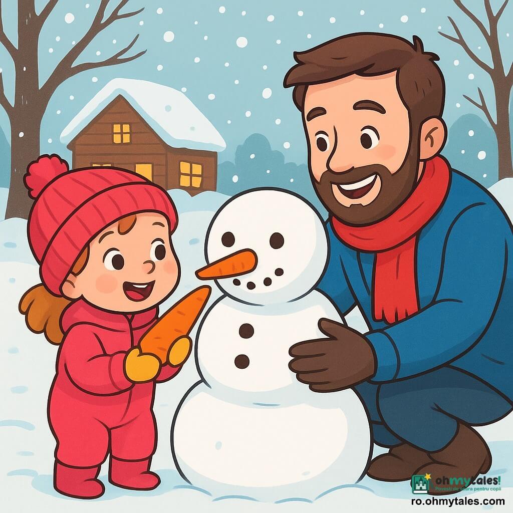 O fetiță de 2 ani, cu obraje roz și ochi strălucitori, poartă o salopetă de iarnă roz aprins și o căciulă din lână. Zâmbește fericită, ținând în mâinile ei mici un nas mare de morcov, pregătită să-l pună pe un om de zăpadă. Lângă ea, tatăl ei, un bărbat de aproximativ 30 de ani cu barbă brună și un zâmbet cald, modelează corpul omului de zăpadă, îmbrăcat într-o haină albastră și o eșarfă roșie. Scena se desfășoară într-o curte acoperită de zăpadă, cu fulgi de zăpadă căzând ușor din cerul gri deschis, copaci goi înconjurând spațiul și o casă din lemn cu feronerie iluminate în fundal. Fetița este entuziasmată și plină de viață, în timp ce tatăl ei o încurajează cu o privire afectuoasă. Amândoi sunt înconjurați de un peisaj de iarnă magic, unde zăpada strălucește sub lumina blândă a zilei.