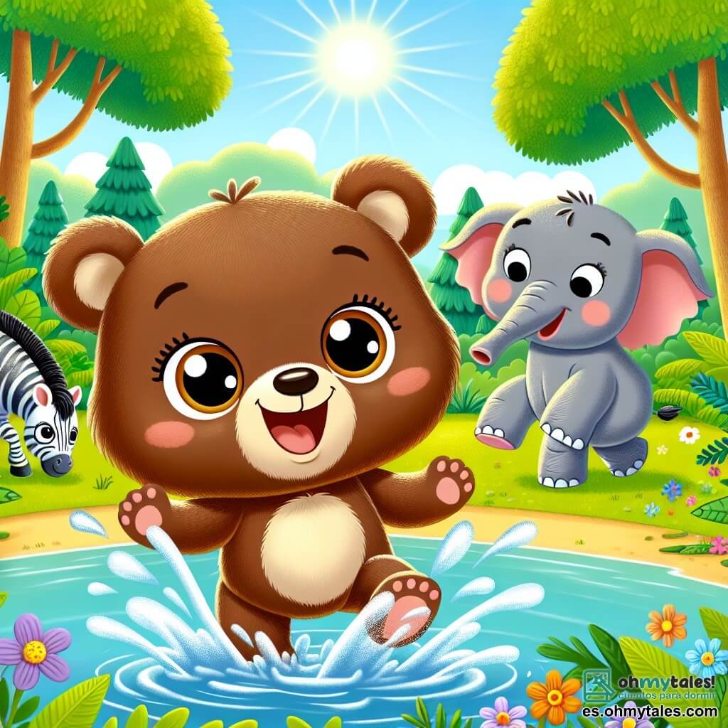 Una adorable osa llamada Lila, con pelaje marrón y ojos brillantes de curiosidad, salta alegremente en un gran charco, salpicando agua a su alrededor. Tiene una gran sonrisa en su rostro, mostrando lo mucho que se divierte. Junto a ella, un elefante llamado Edi, con piel gris y grandes orejas, también salpica al saltar en el charco, riendo de felicidad. Al fondo, una cebra colorida, Zizi, con rayas negras y blancas, los observa mientras pinta rayas coloridas en su pelaje. La escena tiene lugar en una jungla exuberante, llena de grandes árboles verdes, flores brillantes y un cielo azul claro, mostrando a Lila y Edi jugando juntos y creando salpicaduras de agua bajo el sol, mientras Zizi los anima con una sonrisa alegre.