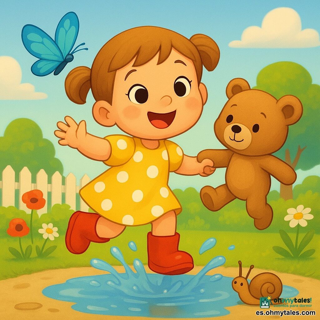 Una niña de 2 años de rostro redondo, mejillas regordetas y cabello castaño claro en coletas, mira alegre con ojos brillantes y amplia sonrisa mientras salta en un charco salpicando; lleva vestido amarillo con lunares blancos y botas rojas. Un osito de peluche marrón claro, tamaño infantil, sostiene su mano y parece balancearse con ella en el aire con expresión tierna. Una mariposa azul brillante vuela delante, con alas semitransparentes y venas turquesa; un pequeño caracol marrón con concha crema se arrastra junto al borde del charco con antenas levantadas. Al fondo, jardín doméstico con césped verde, flores coloridas (amapolas rojas, margaritas blancas), valla de madera blanca y un árbol de hojas redondeadas; cielo claro con nubes algodonosas y luz cálida de atardecer que crea reflejos en el agua. Estilo: formas suaves, contornos nítidos, texturas simples, colores saturados, salpicaduras estilizadas en gotas redondas, ligera contrapicada para acentuar el salto y atmósfera lúdica e inocente.