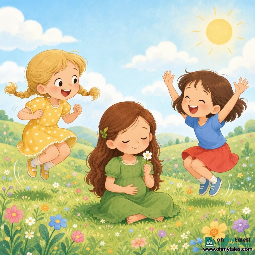 Three characters: Anna, about 5, blonde in two small pigtails, yellow polka-dot dress, standing left mid-jump with bent legs, big smile, looking at Lily; Mia, about 5, short brown hair, blue T-shirt and red skirt, crouched right of Lily with hands raised as if cheering, laughing eyes; Lily, about 5, long light-brown hair, green dress, sitting center on the grass holding a small white flower, hands on her stomach, shy smile, beginning to breathe deeply. Setting: a gentle meadow with green grass and small colorful flowers, pale blue sky with a warm round sun top right, a few fluffy clouds and a small hill in the background. Main situation: the friends bounce left and right with a "boing" while Lily watches shyly; calm, comforting mood, pastel palette, rounded lines and soft expressions.